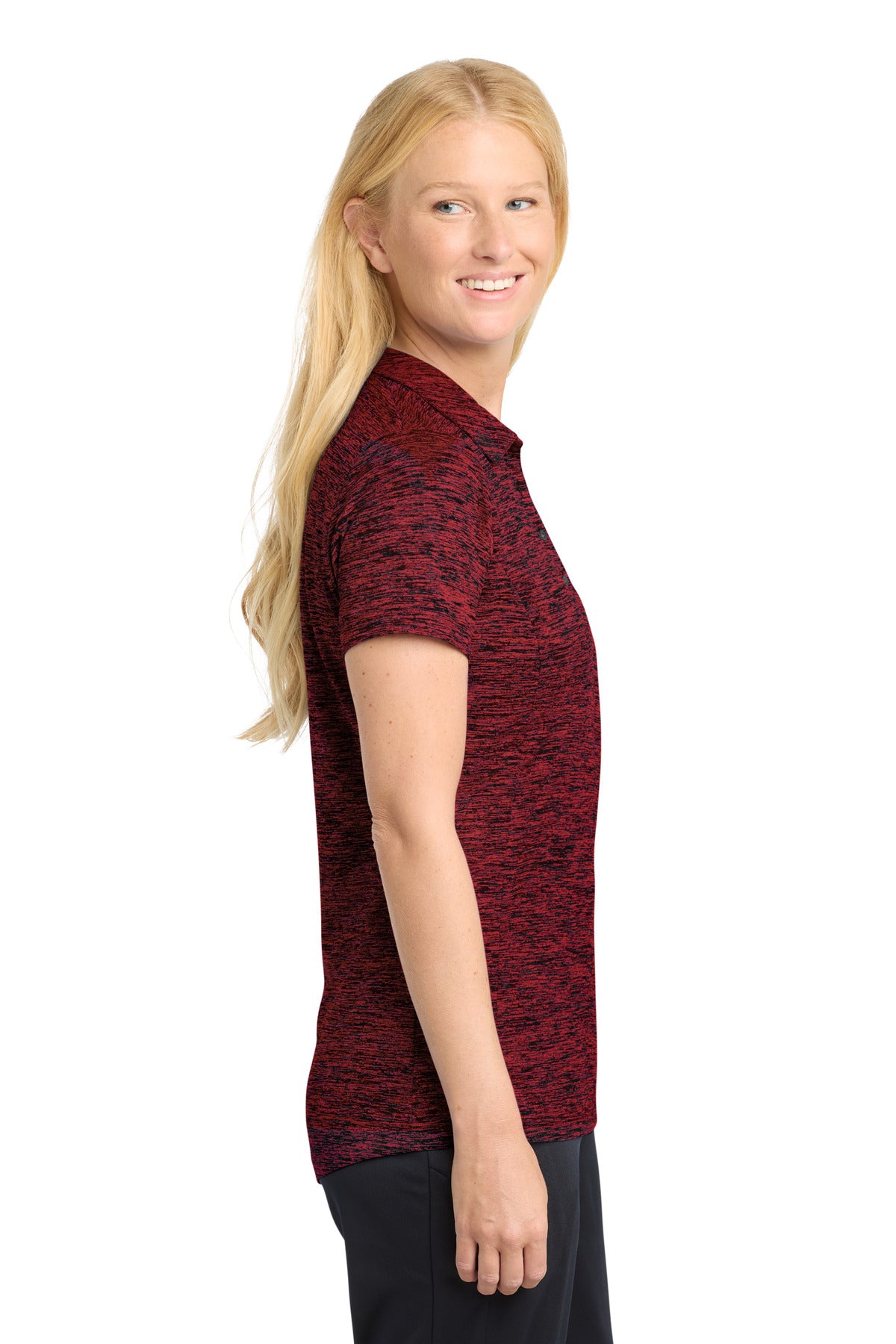 Sport-Tek Women's PosiCharge Electric Heather Polo. LST590 - Deep Red/ Black Electric - side
