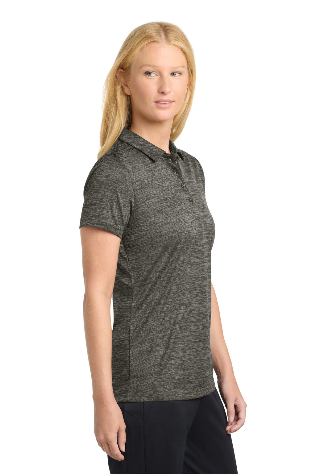 Sport-Tek Women's PosiCharge Electric Heather Polo. LST590 - Grey-Black Electric - side