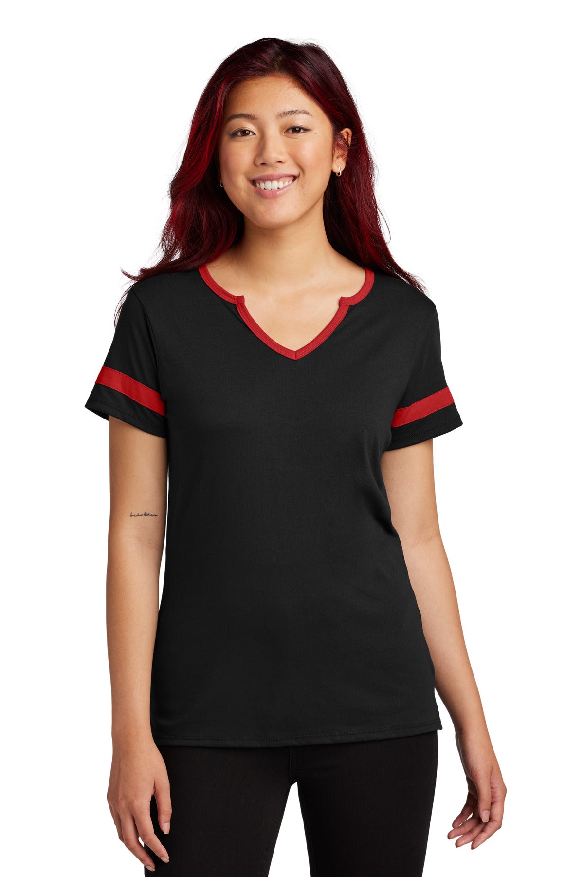 Sport-Tek Women's Halftime Notch Neck Tee LST6041 - Black/ Deep Red - front