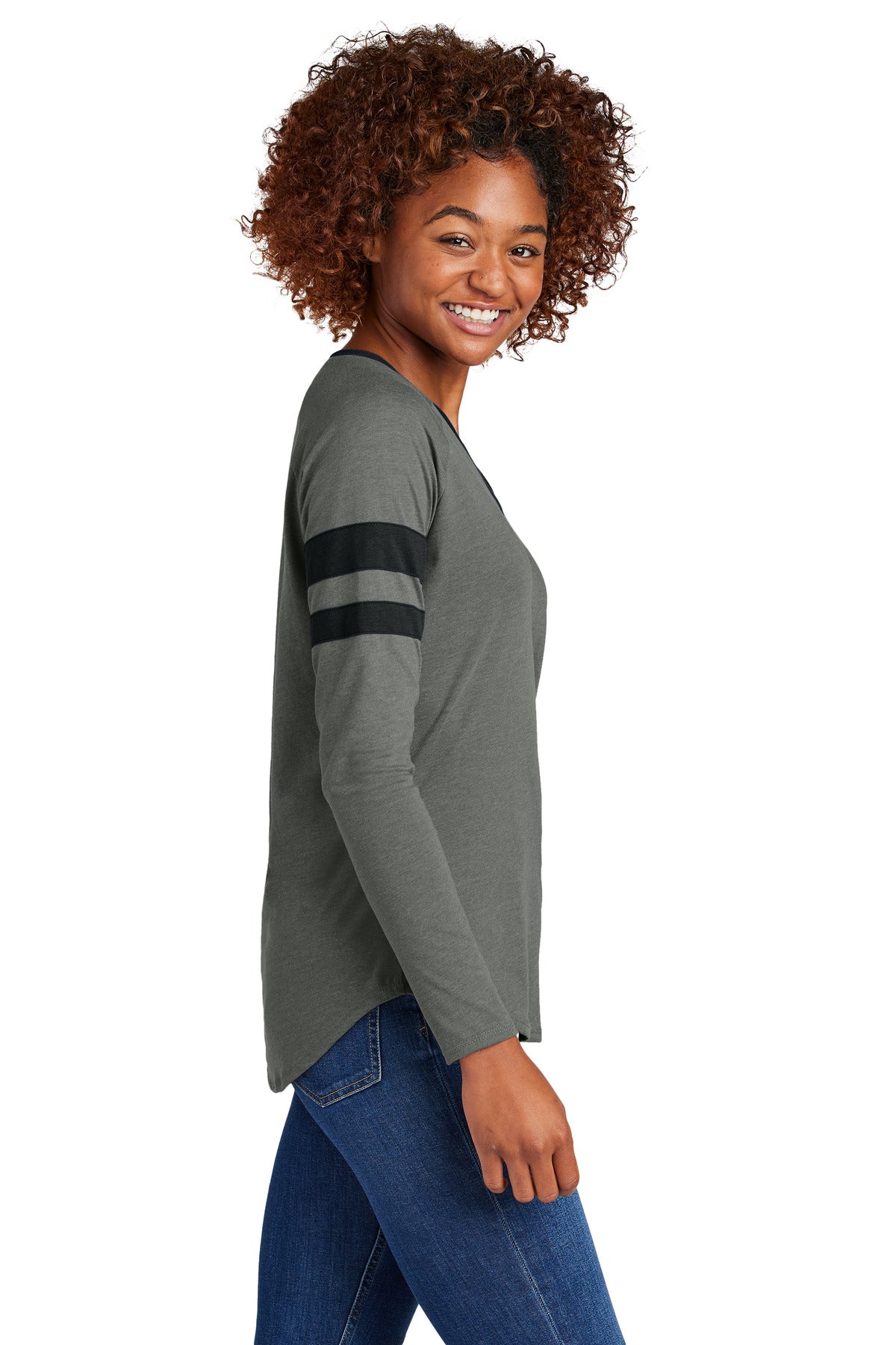 Sport-Tek Women's Halftime Stripe Long Sleeve V-Neck Tee LST6043 - Black/ Vintage Heather - side