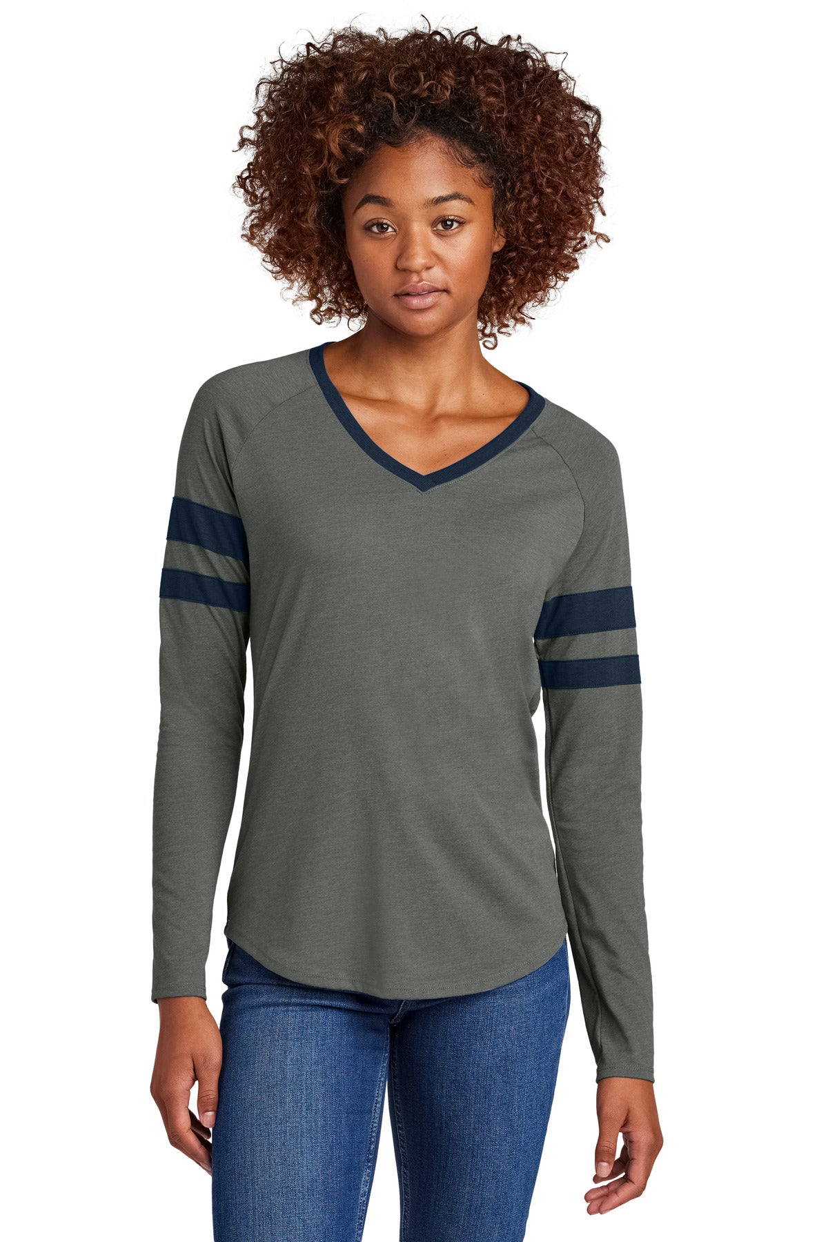 Sport-Tek Women's Halftime Stripe Long Sleeve V-Neck Tee LST6043 - True Navy/ Vintage Heather - front