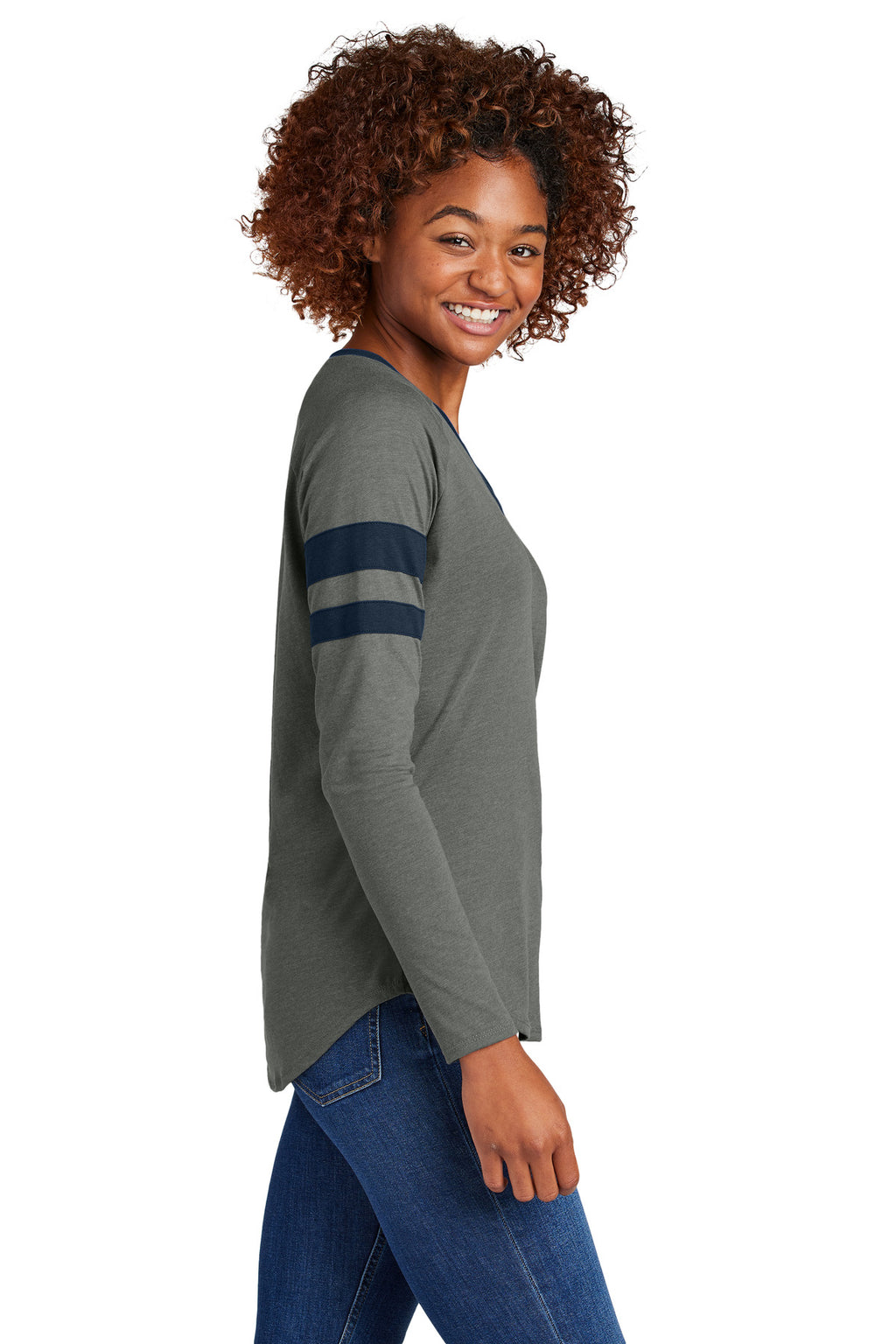 Sport-Tek Women's Halftime Stripe Long Sleeve V-Neck Tee LST6043 - True Navy/ Vintage Heather - side