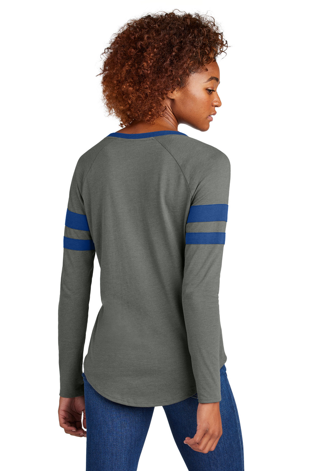 Sport-Tek Women's Halftime Stripe Long Sleeve V-Neck Tee LST6043 - True Royal/ Vintage Heather - back