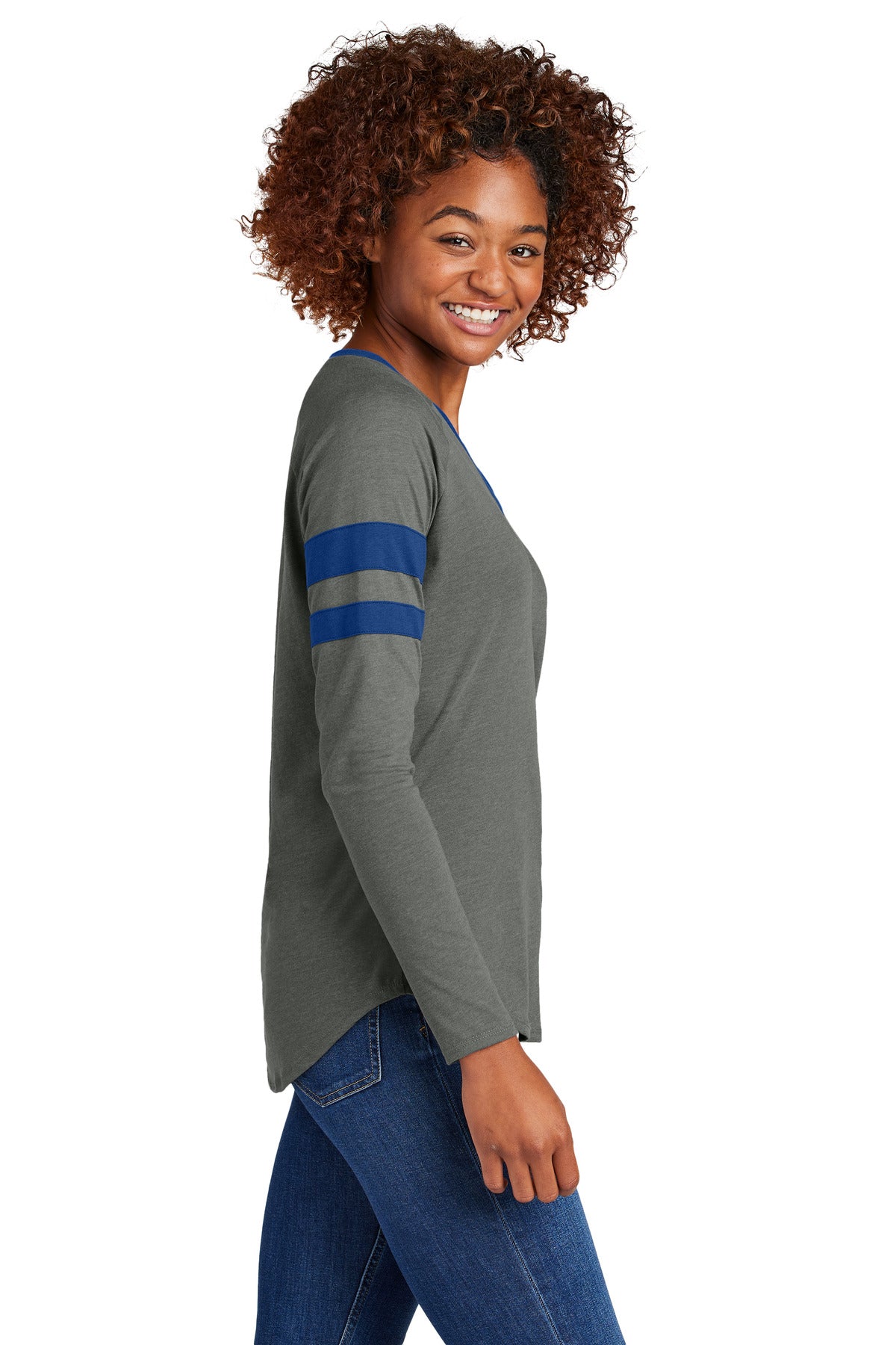Sport-Tek Women's Halftime Stripe Long Sleeve V-Neck Tee LST6043 - True Royal/ Vintage Heather - side