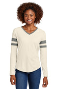 Sport-Tek Women's Halftime Stripe Long Sleeve V-Neck Tee LST6043 - Vintage Heather/ Ecru - front
