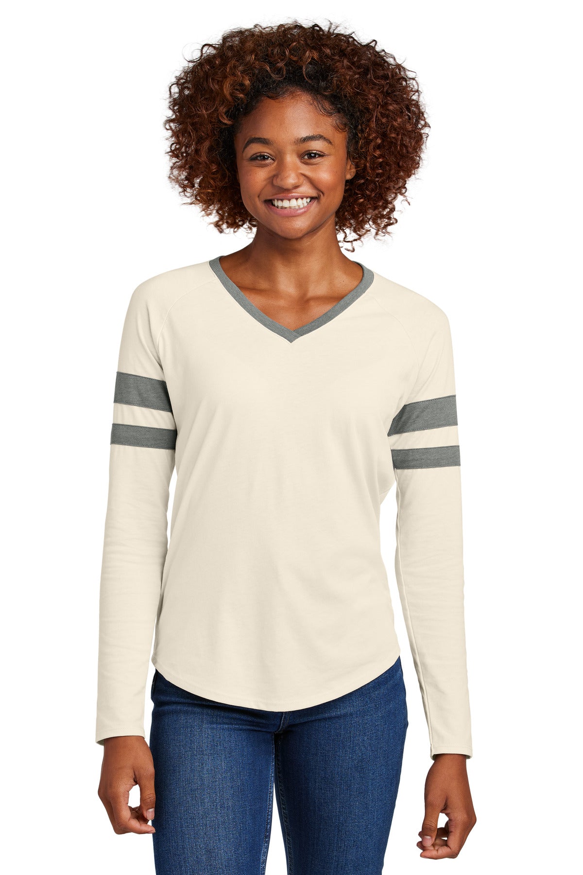 Sport-Tek Women's Halftime Stripe Long Sleeve V-Neck Tee LST6043 - Vintage Heather/ Ecru - front