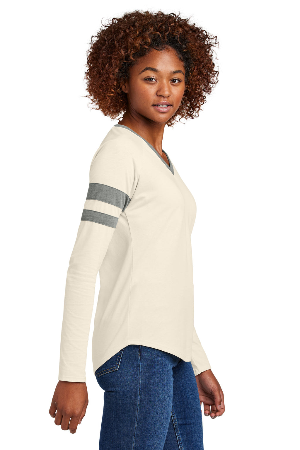 Sport-Tek Women's Halftime Stripe Long Sleeve V-Neck Tee LST6043 - Vintage Heather/ Ecru - side
