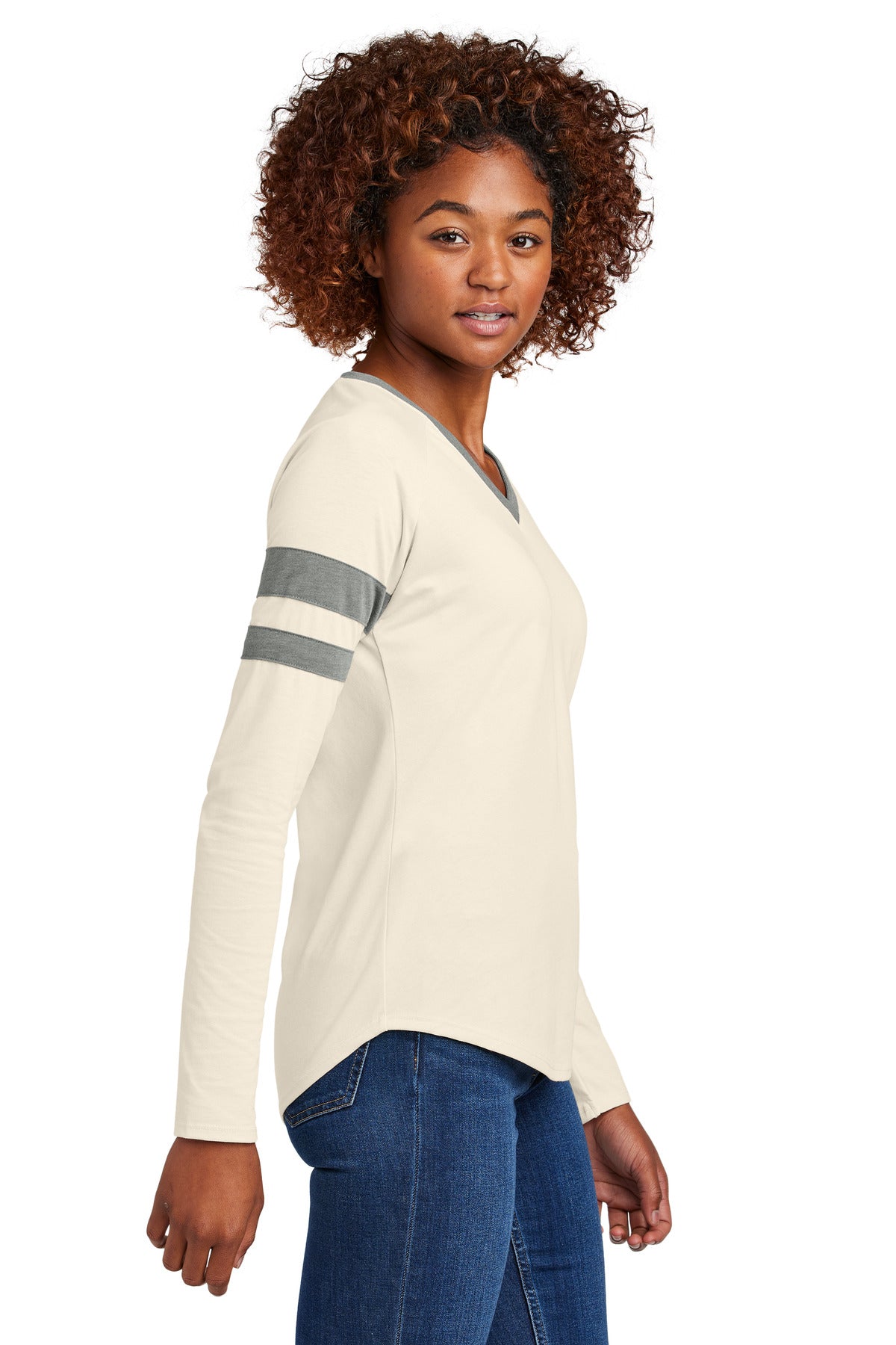 Sport-Tek Women's Halftime Stripe Long Sleeve V-Neck Tee LST6043 - Vintage Heather/ Ecru - side