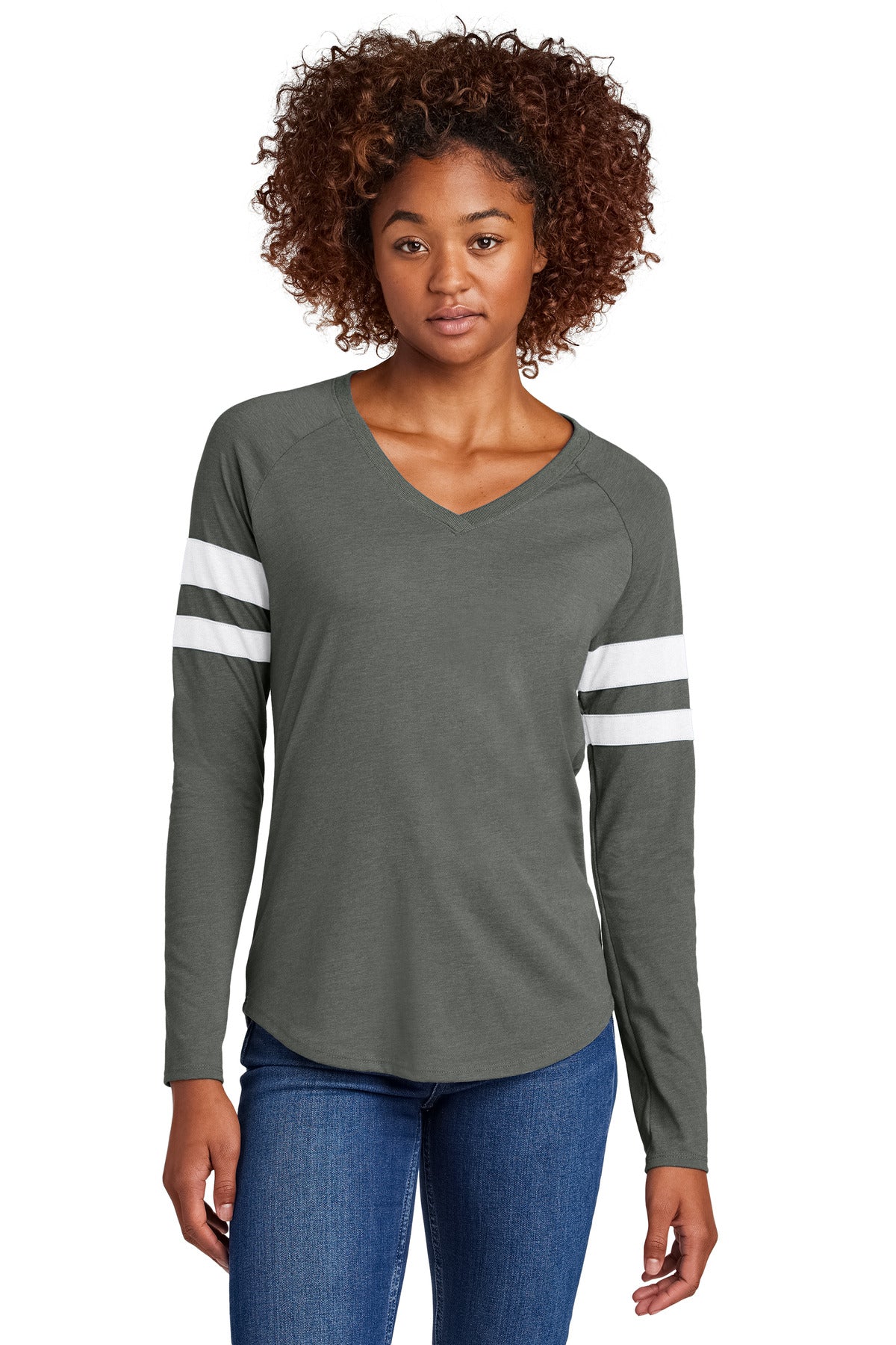 Sport-Tek Women's Halftime Stripe Long Sleeve V-Neck Tee LST6043 - White/ Vintage Heather - front