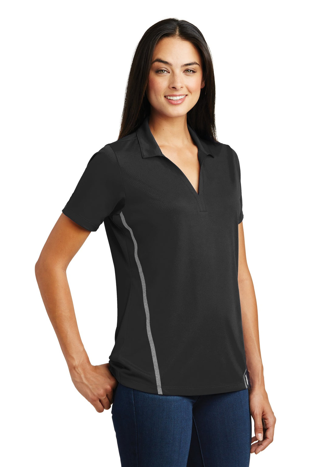 DISCONTINUED Sport-Tek Ladies Contrast PosiCharge Tough Polo . LST620 - Black/ Heather Grey - three_q