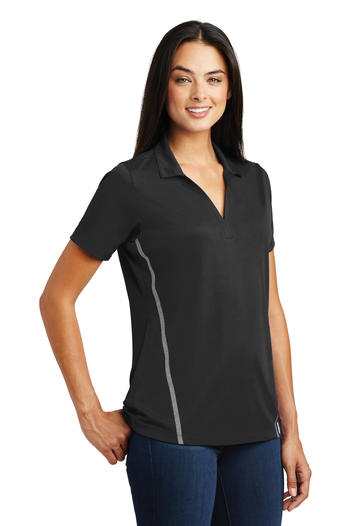 DISCONTINUED Sport-Tek Ladies Contrast PosiCharge Tough Polo . LST620 - Black/ Heather Grey - three_q
