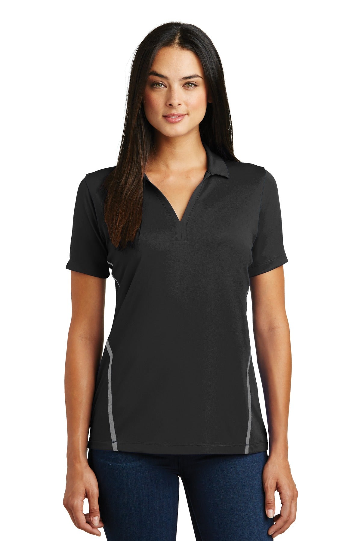 DISCONTINUED Sport-Tek Ladies Contrast PosiCharge Tough Polo . LST620 - Black/ Heather Grey - front