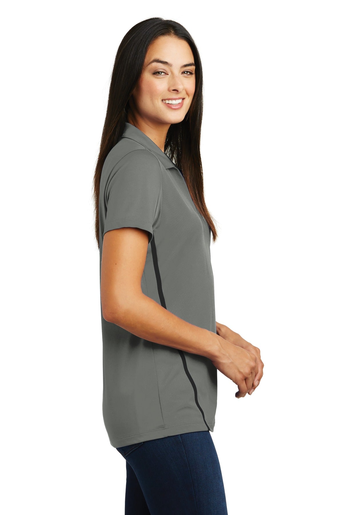 DISCONTINUED Sport-Tek Ladies Contrast PosiCharge Tough Polo . LST620 - Dark Smoke Grey/ Black - side