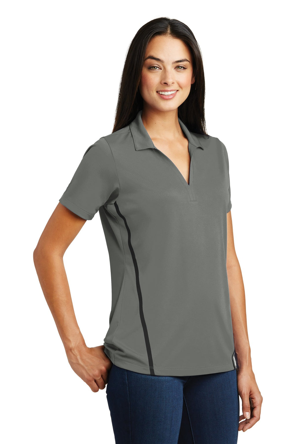 DISCONTINUED Sport-Tek Ladies Contrast PosiCharge Tough Polo . LST620 - Dark Smoke Grey/ Black - three_q