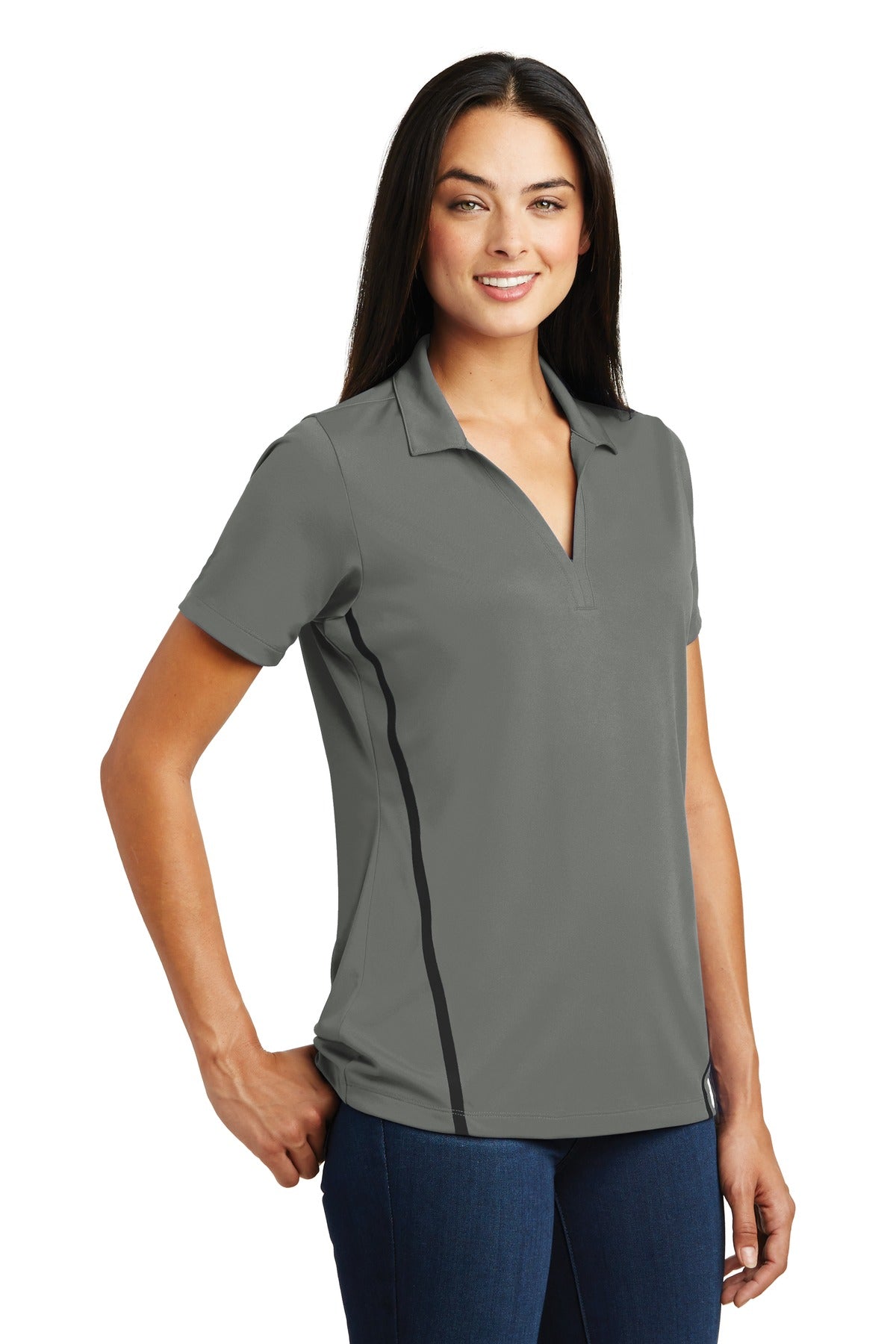 DISCONTINUED Sport-Tek Ladies Contrast PosiCharge Tough Polo . LST620 - Dark Smoke Grey/ Black - three_q