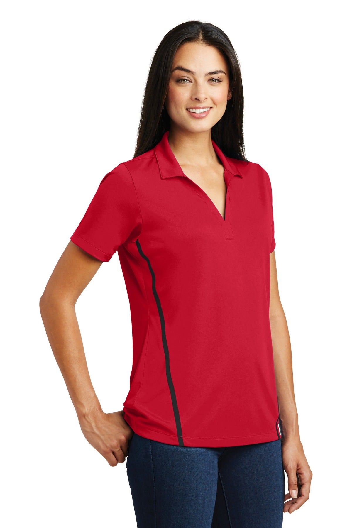 DISCONTINUED Sport-Tek Ladies Contrast PosiCharge Tough Polo . LST620 - Deep Red/ Black - three_q