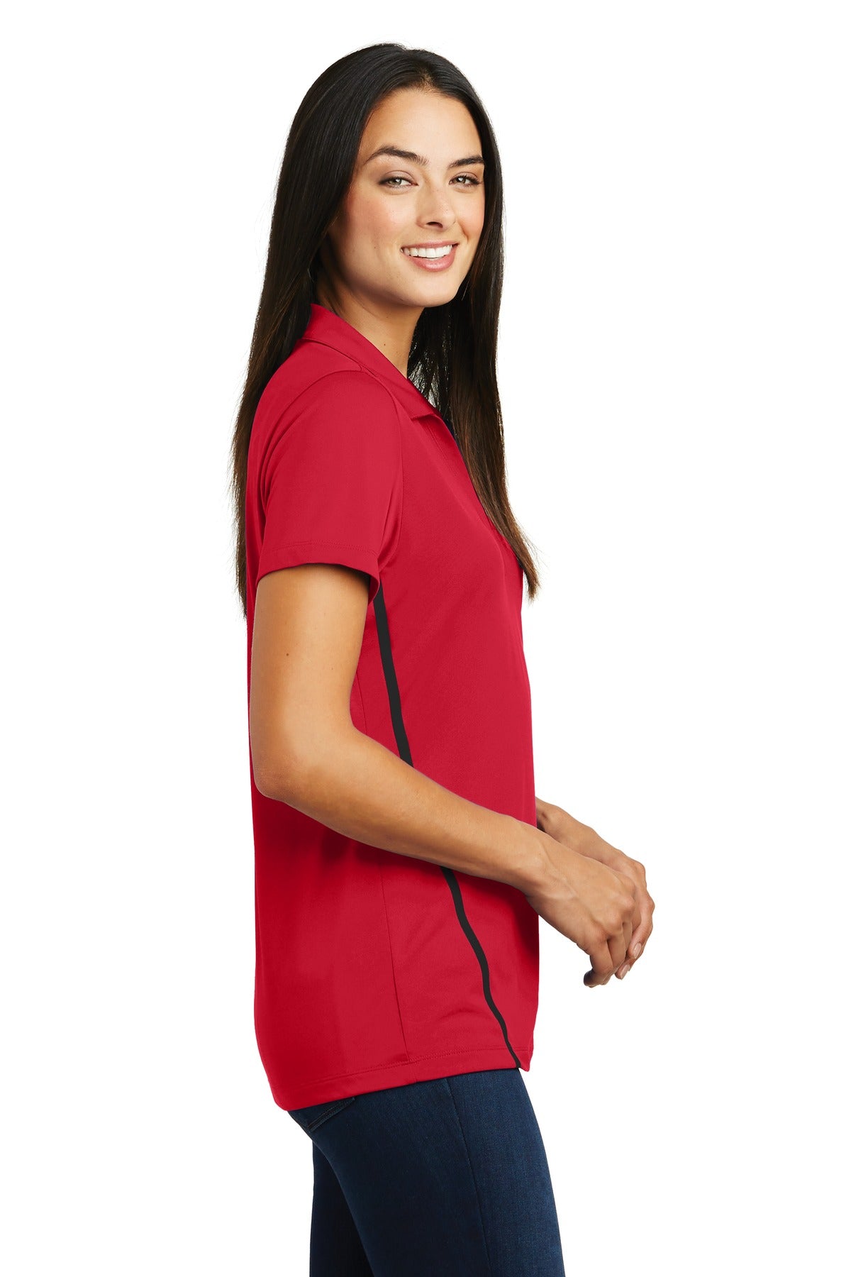 DISCONTINUED Sport-Tek Ladies Contrast PosiCharge Tough Polo . LST620 - Deep Red/ Black - side