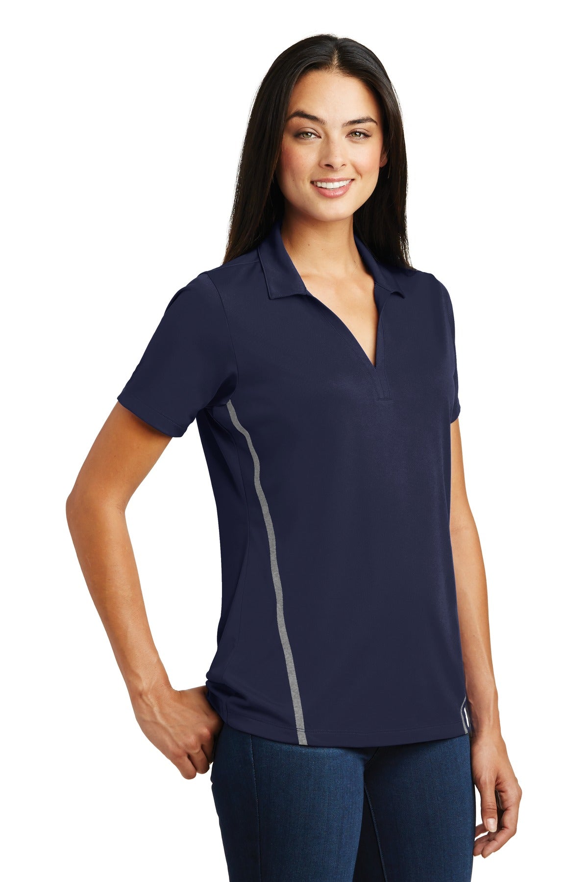 DISCONTINUED Sport-Tek Ladies Contrast PosiCharge Tough Polo . LST620 - True Navy/ Heather Grey - three_q