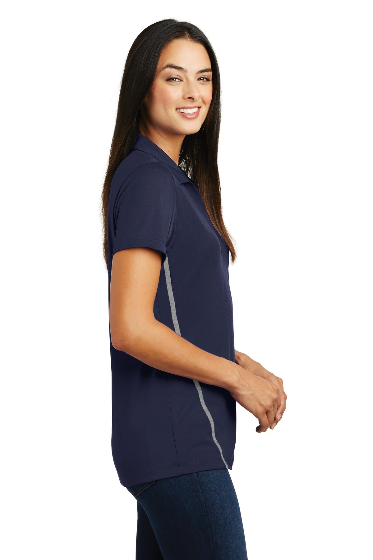 DISCONTINUED Sport-Tek Ladies Contrast PosiCharge Tough Polo . LST620 - True Navy/ Heather Grey - side