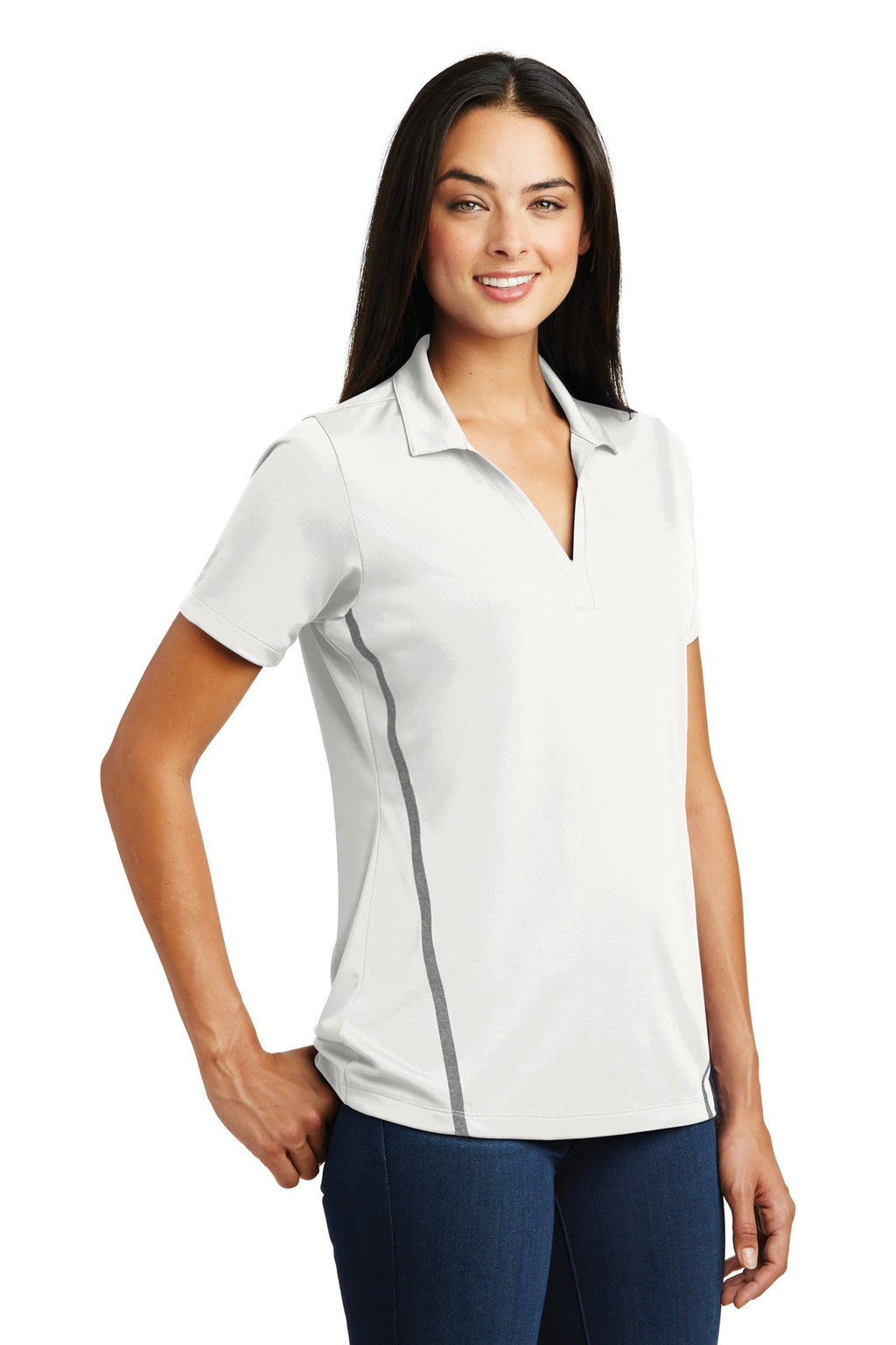 DISCONTINUED Sport-Tek Ladies Contrast PosiCharge Tough Polo . LST620 - White/ Heather Grey - three_q
