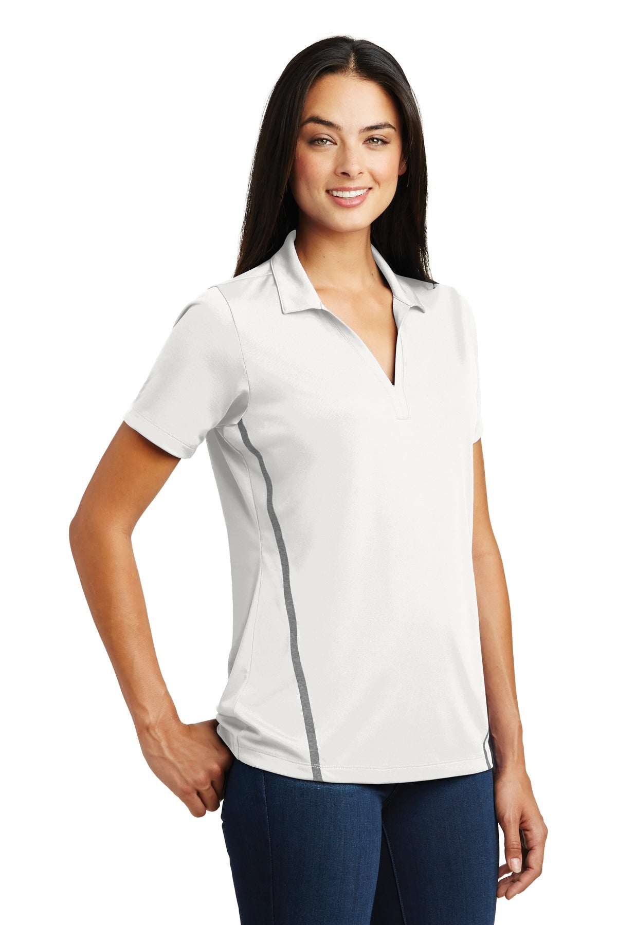 DISCONTINUED Sport-Tek Ladies Contrast PosiCharge Tough Polo . LST620 - White/ Heather Grey - three_q