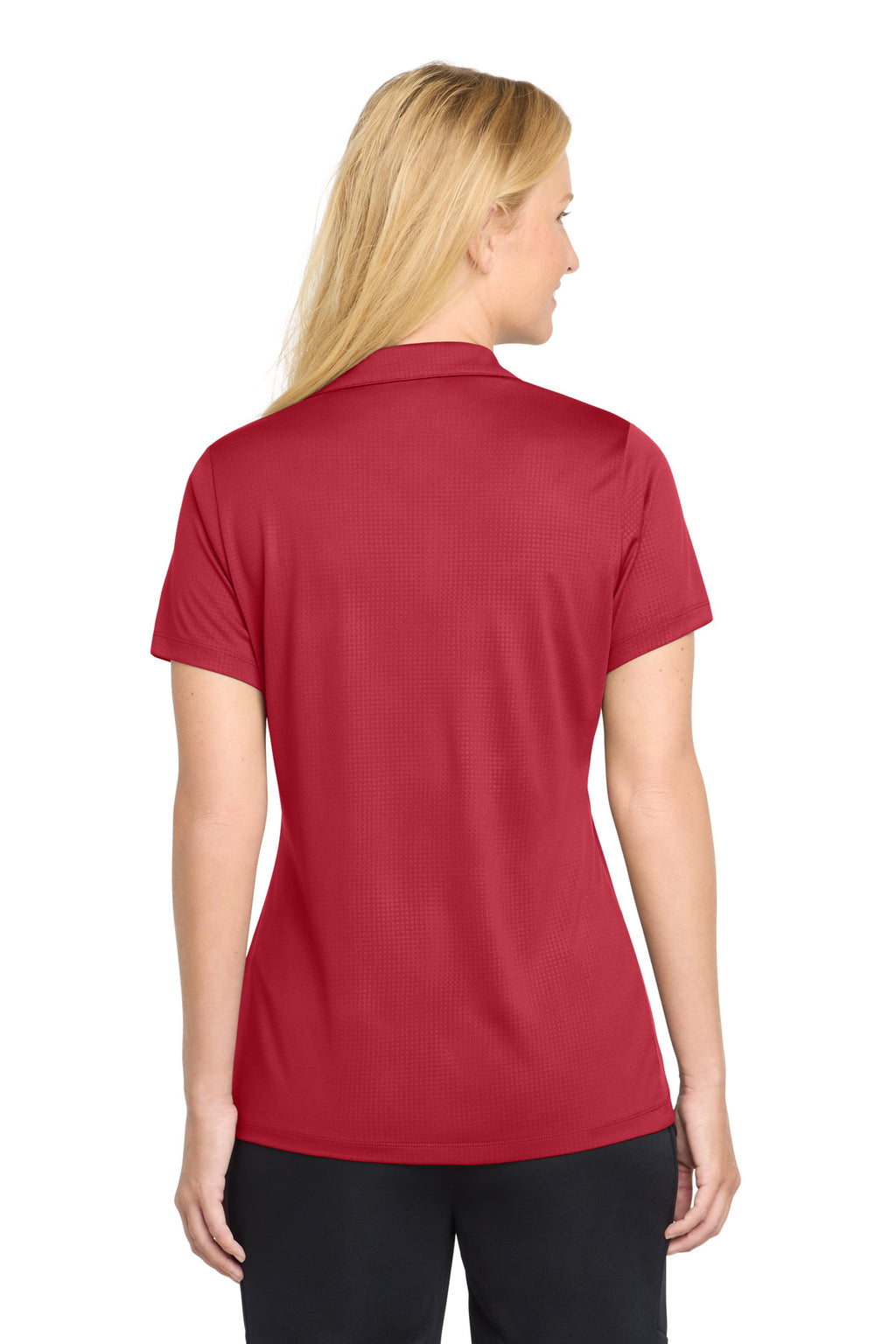 DISCONTINUED Sport-Tek Women's Embossed PosiCharge Tough Polo . LST630 - Deep Red - back