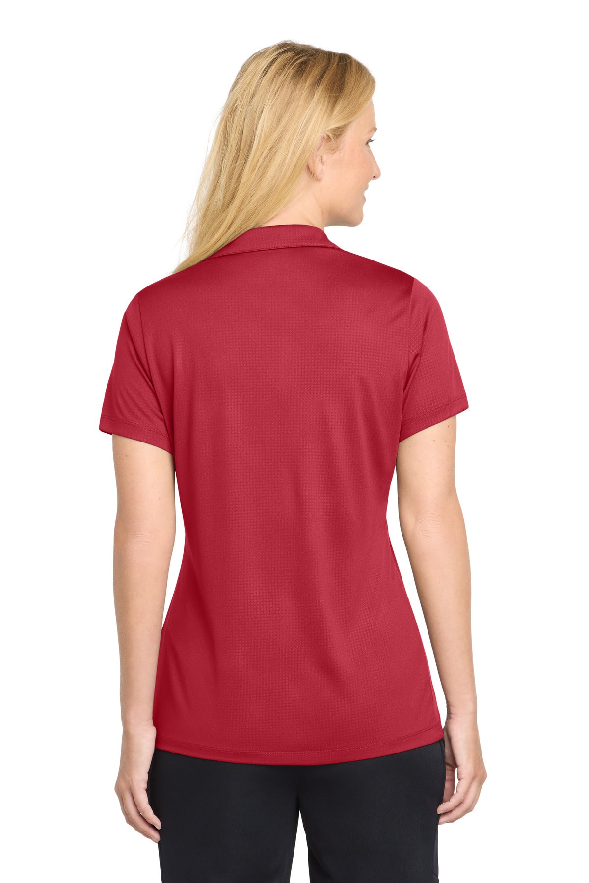 DISCONTINUED Sport-Tek Women's Embossed PosiCharge Tough Polo . LST630 - Deep Red - back