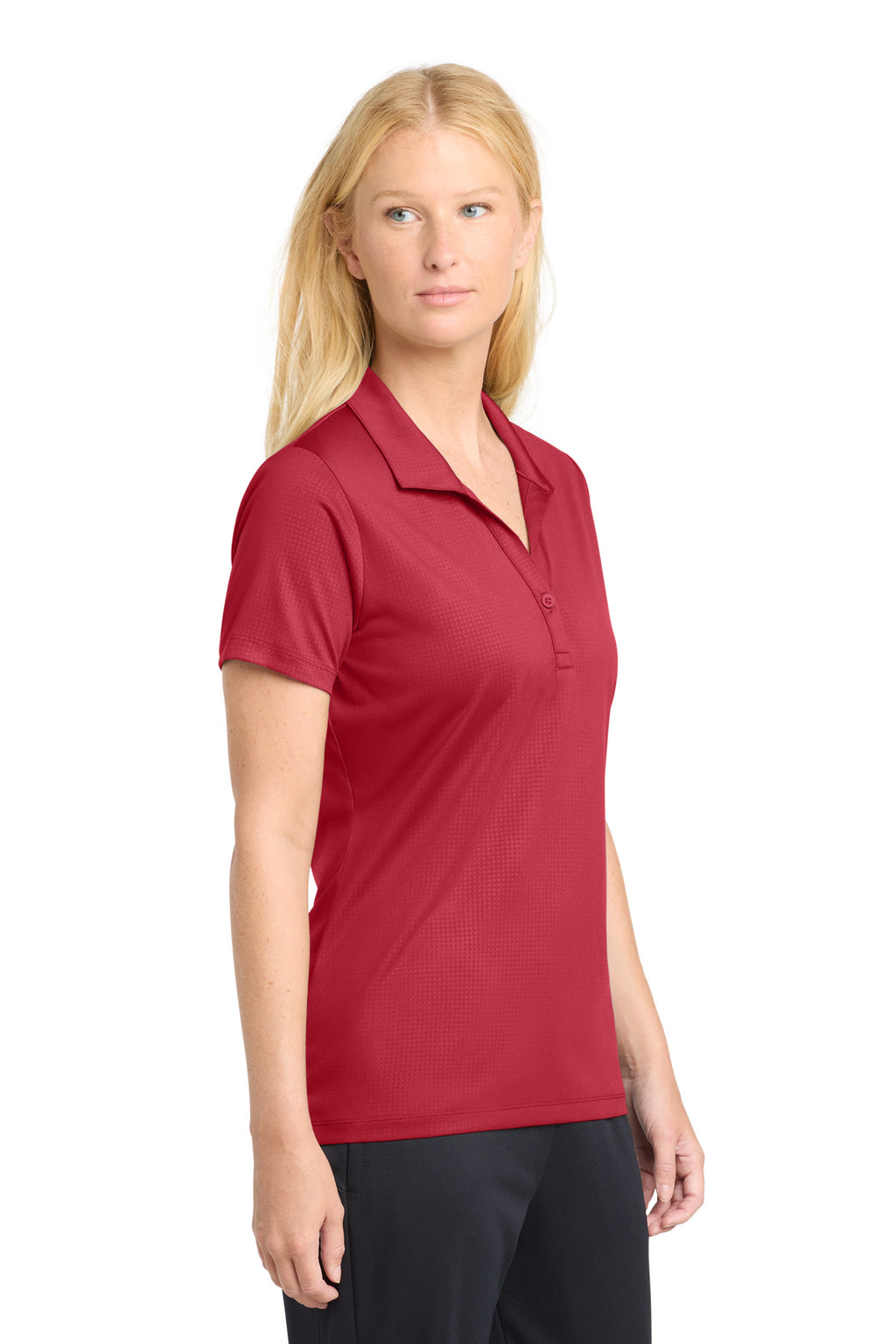 DISCONTINUED Sport-Tek Women's Embossed PosiCharge Tough Polo . LST630 - Deep Red - side