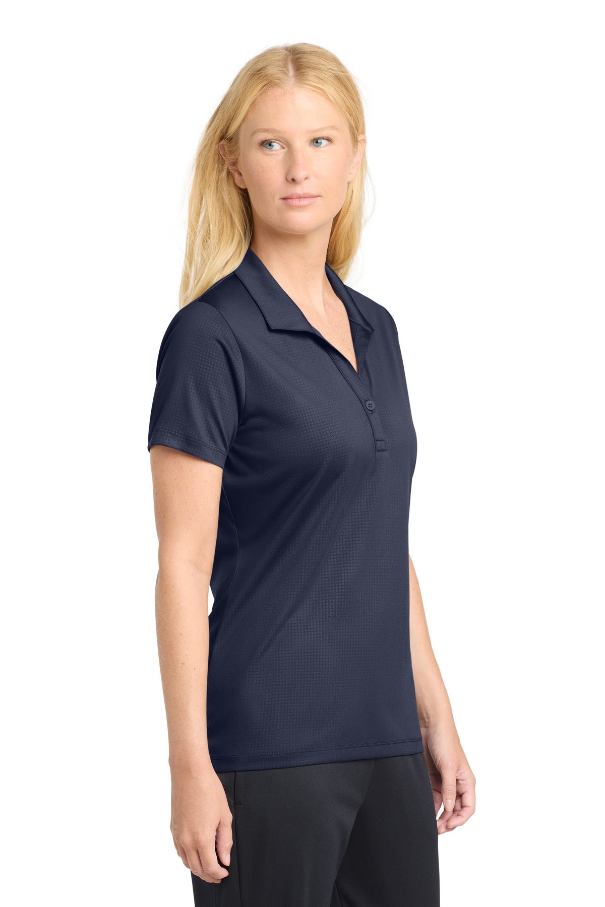 DISCONTINUED Sport-Tek Women's Embossed PosiCharge Tough Polo . LST630 - True Navy - side