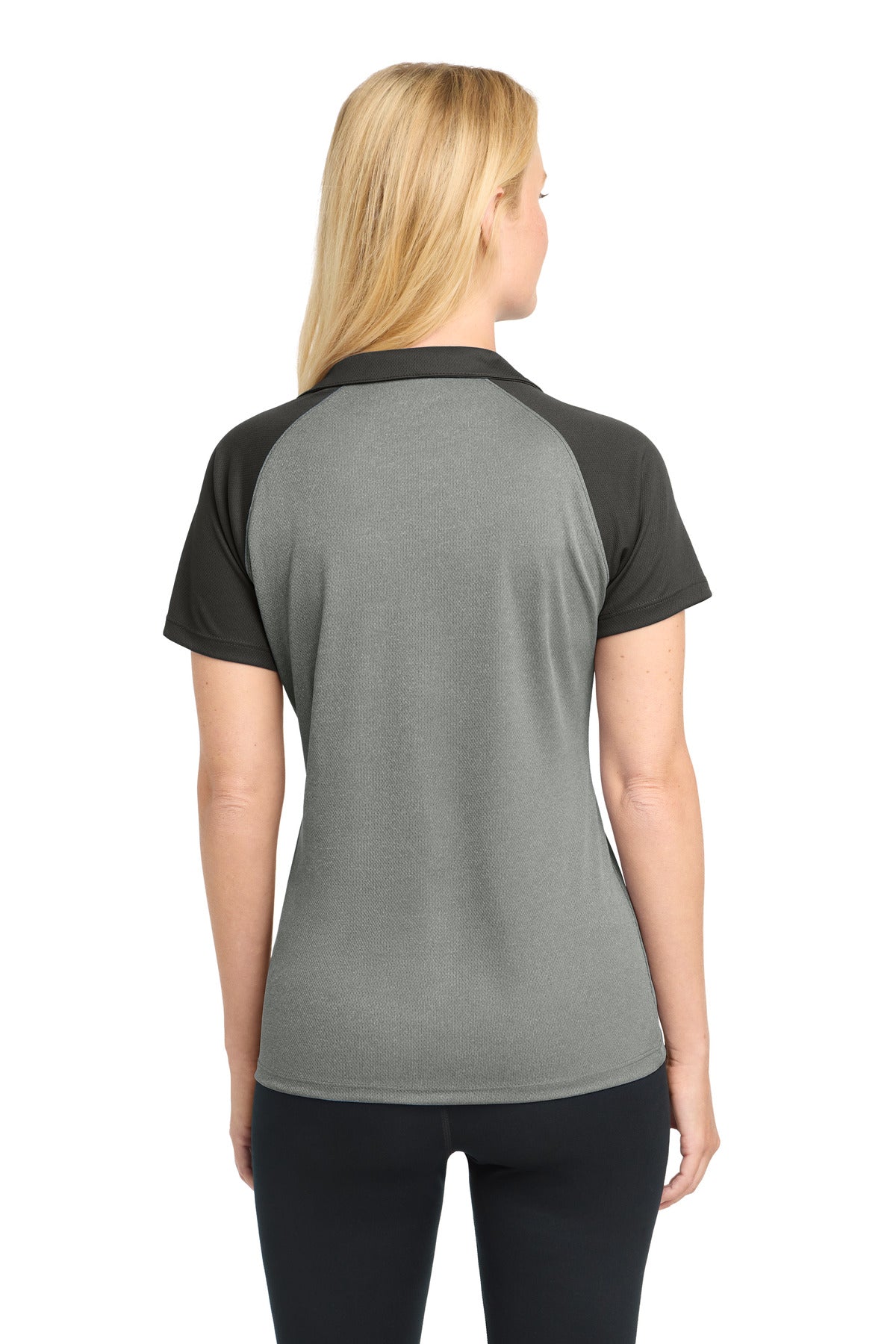 DISCONTINUED Sport-Tek Women's PosiCharge RacerMesh Raglan Heather Block Polo. LST641 - Grey Heather/ Black - back
