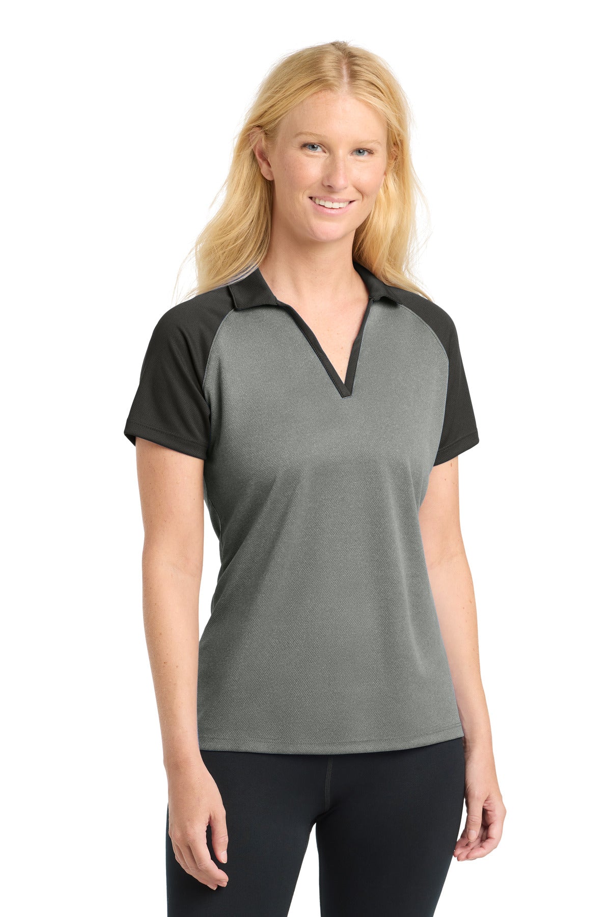 DISCONTINUED Sport-Tek Women's PosiCharge RacerMesh Raglan Heather Block Polo. LST641 - Grey Heather/ Black - front