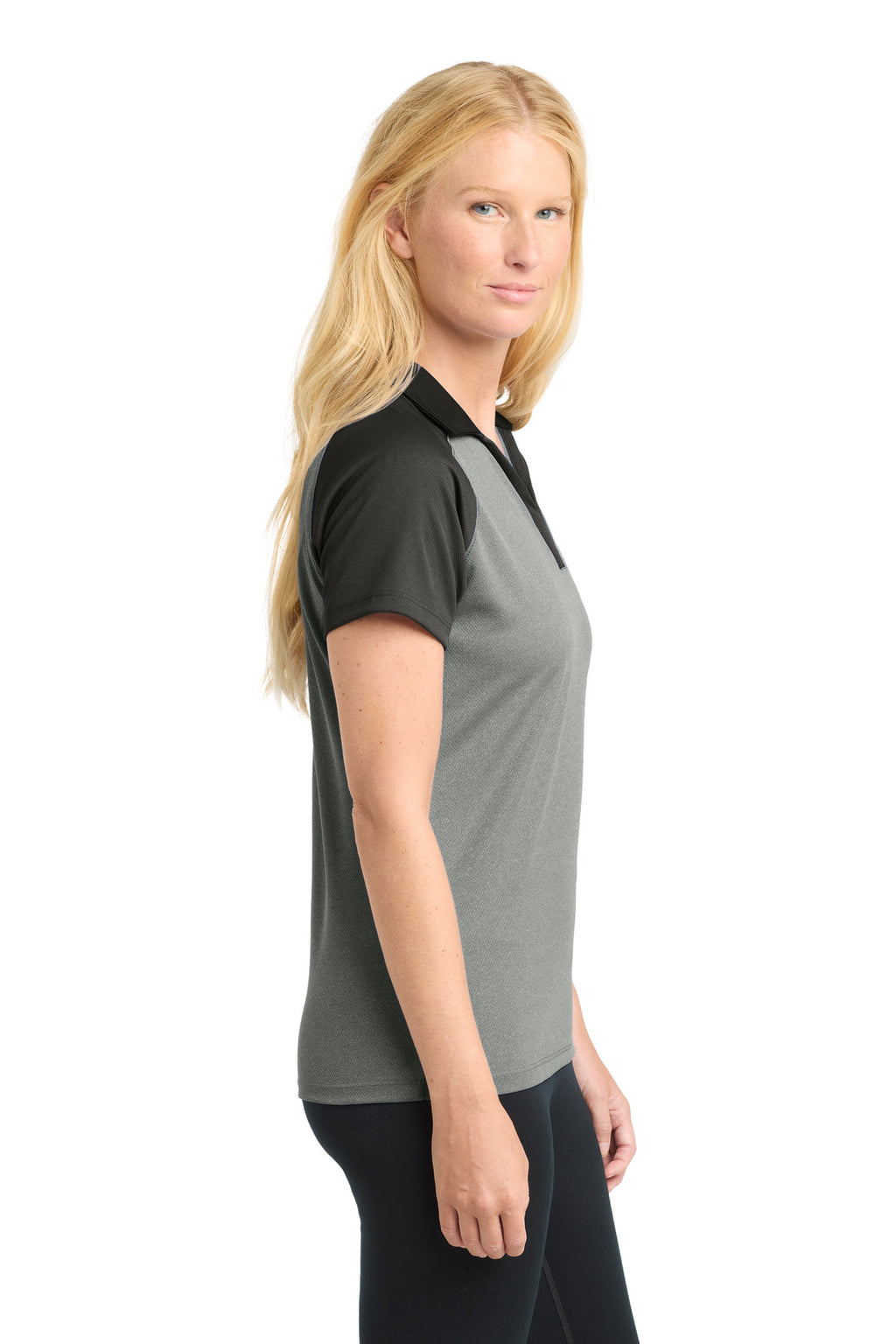 DISCONTINUED Sport-Tek Women's PosiCharge RacerMesh Raglan Heather Block Polo. LST641 - Grey Heather/ Black - side