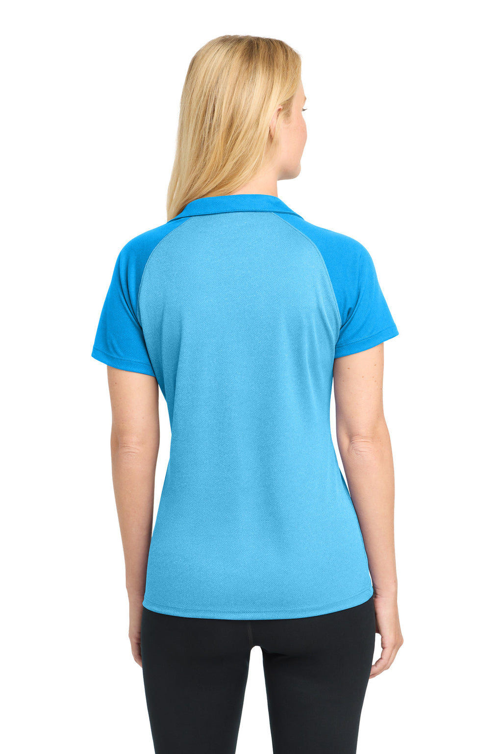 DISCONTINUED Sport-Tek Women's PosiCharge RacerMesh Raglan Heather Block Polo. LST641 - Pond Blue Heather/ Pond Blue - back