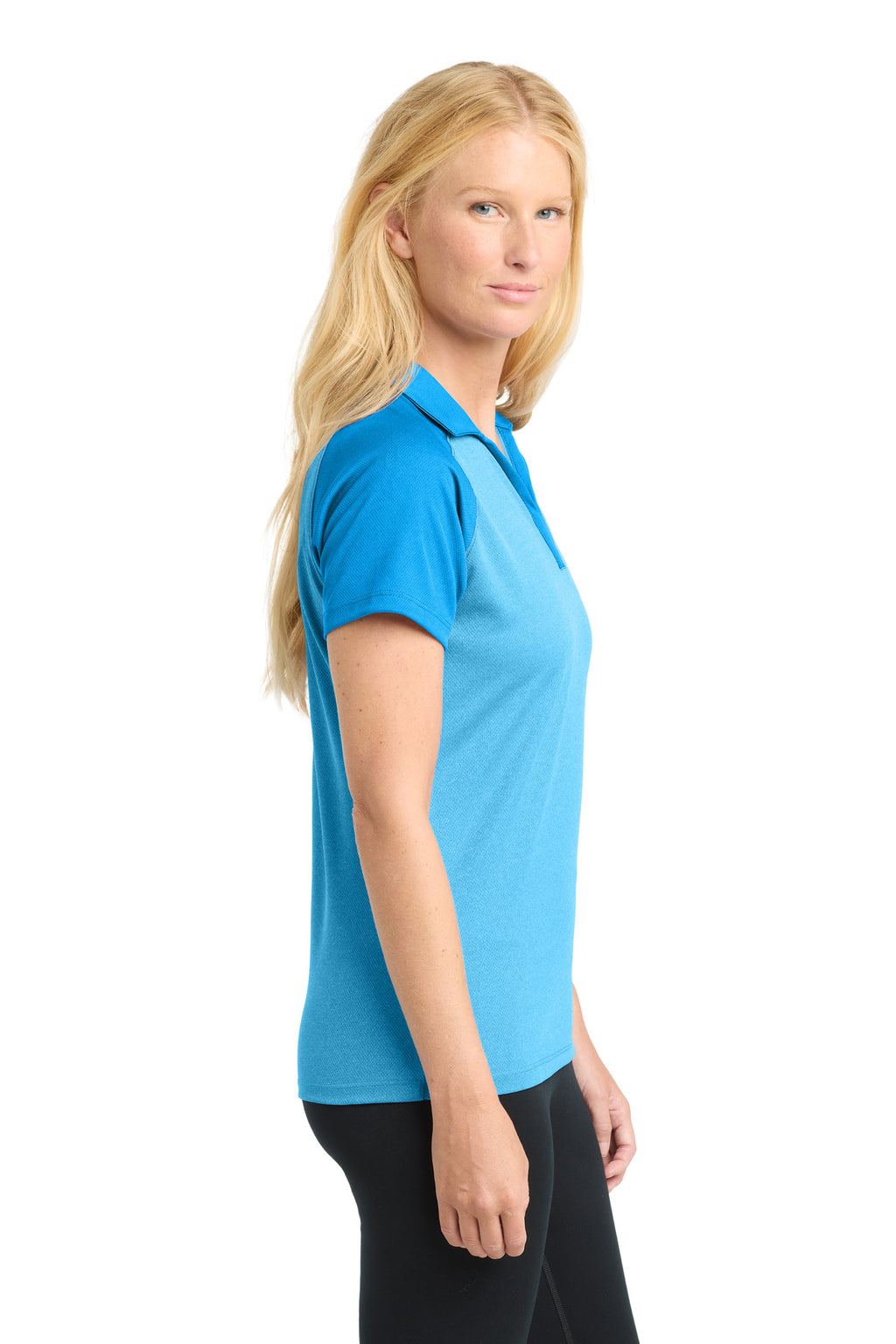 DISCONTINUED Sport-Tek Women's PosiCharge RacerMesh Raglan Heather Block Polo. LST641 - Pond Blue Heather/ Pond Blue - side
