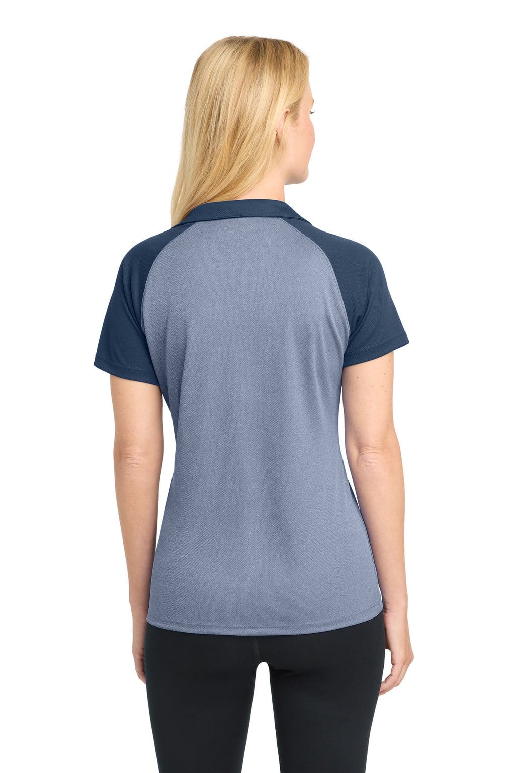 DISCONTINUED Sport-Tek Women's PosiCharge RacerMesh Raglan Heather Block Polo. LST641 - True Navy Heather/ True Navy - back