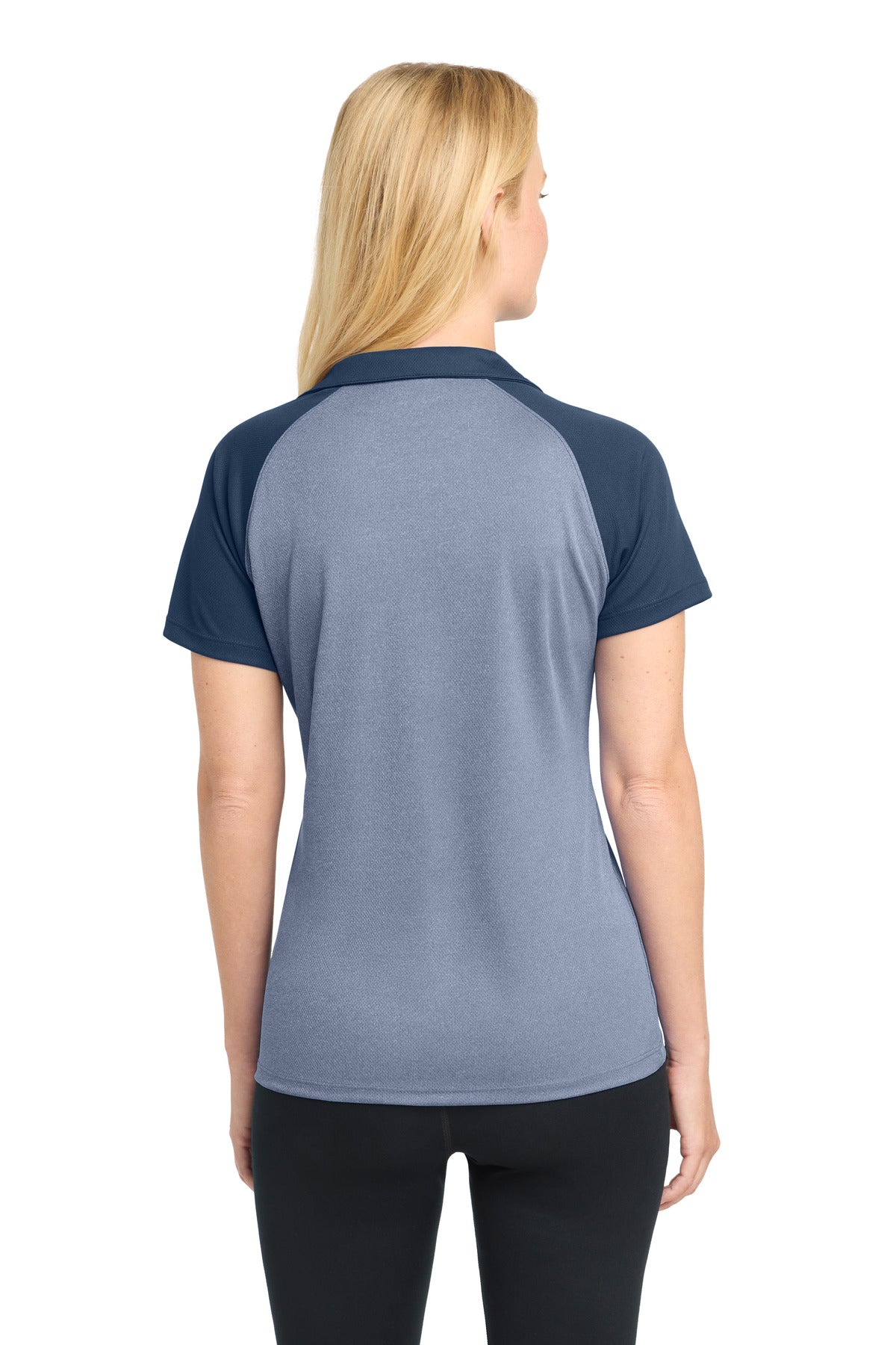 DISCONTINUED Sport-Tek Women's PosiCharge RacerMesh Raglan Heather Block Polo. LST641 - True Navy Heather/ True Navy - back