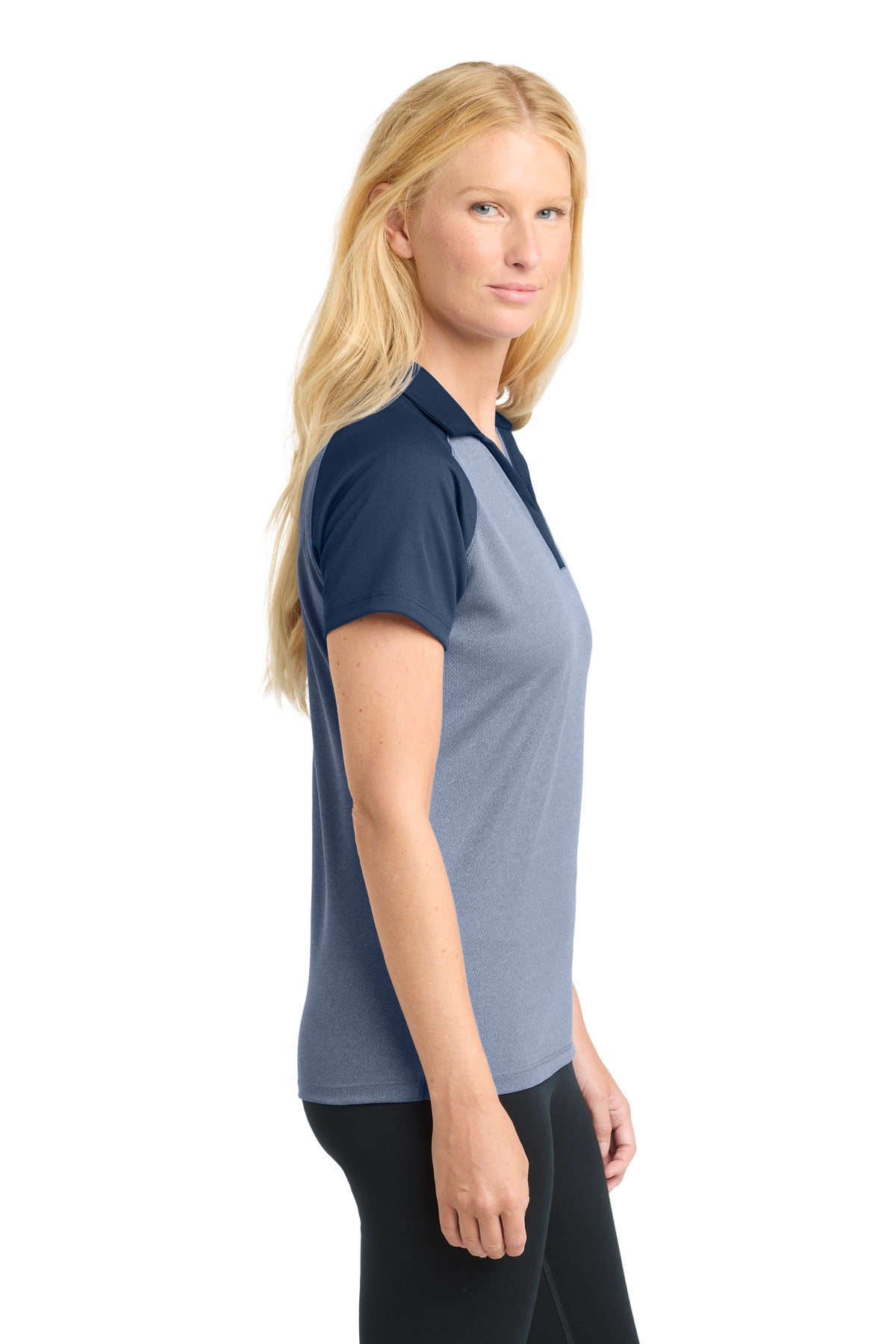 DISCONTINUED Sport-Tek Women's PosiCharge RacerMesh Raglan Heather Block Polo. LST641 - True Navy Heather/ True Navy - side