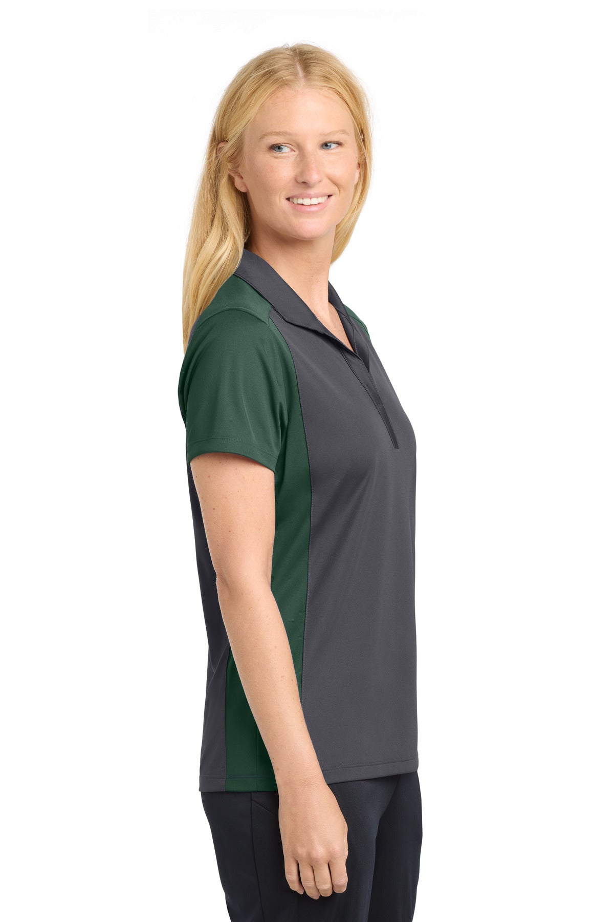 Sport-Tek Women's Colorblock Micropique Sport-Wick Polo. LST652 - Iron Grey/ Forest Green - side