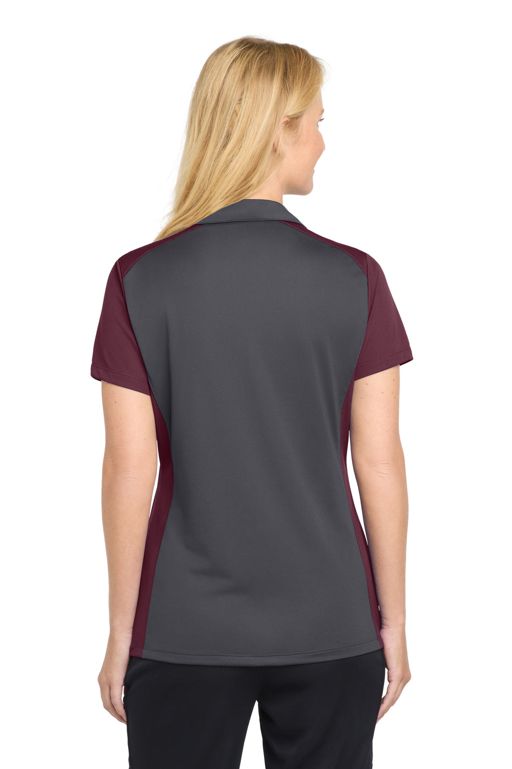 Sport-Tek Women's Colorblock Micropique Sport-Wick Polo. LST652 - Iron Grey/ Maroon - back