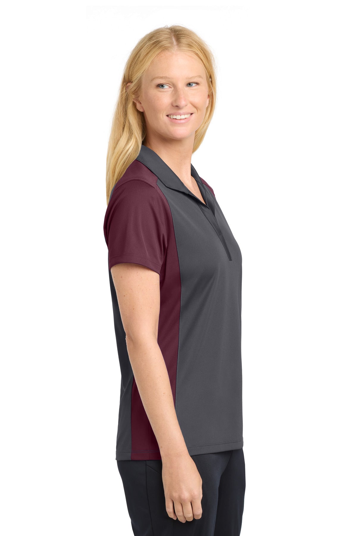 Sport-Tek Women's Colorblock Micropique Sport-Wick Polo. LST652 - Iron Grey/ Maroon - side