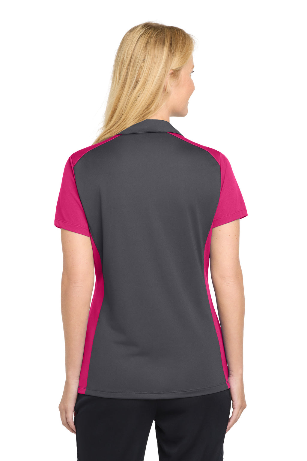 Sport-Tek Women's Colorblock Micropique Sport-Wick Polo. LST652 - Iron Grey/ Pink Raspberry - back