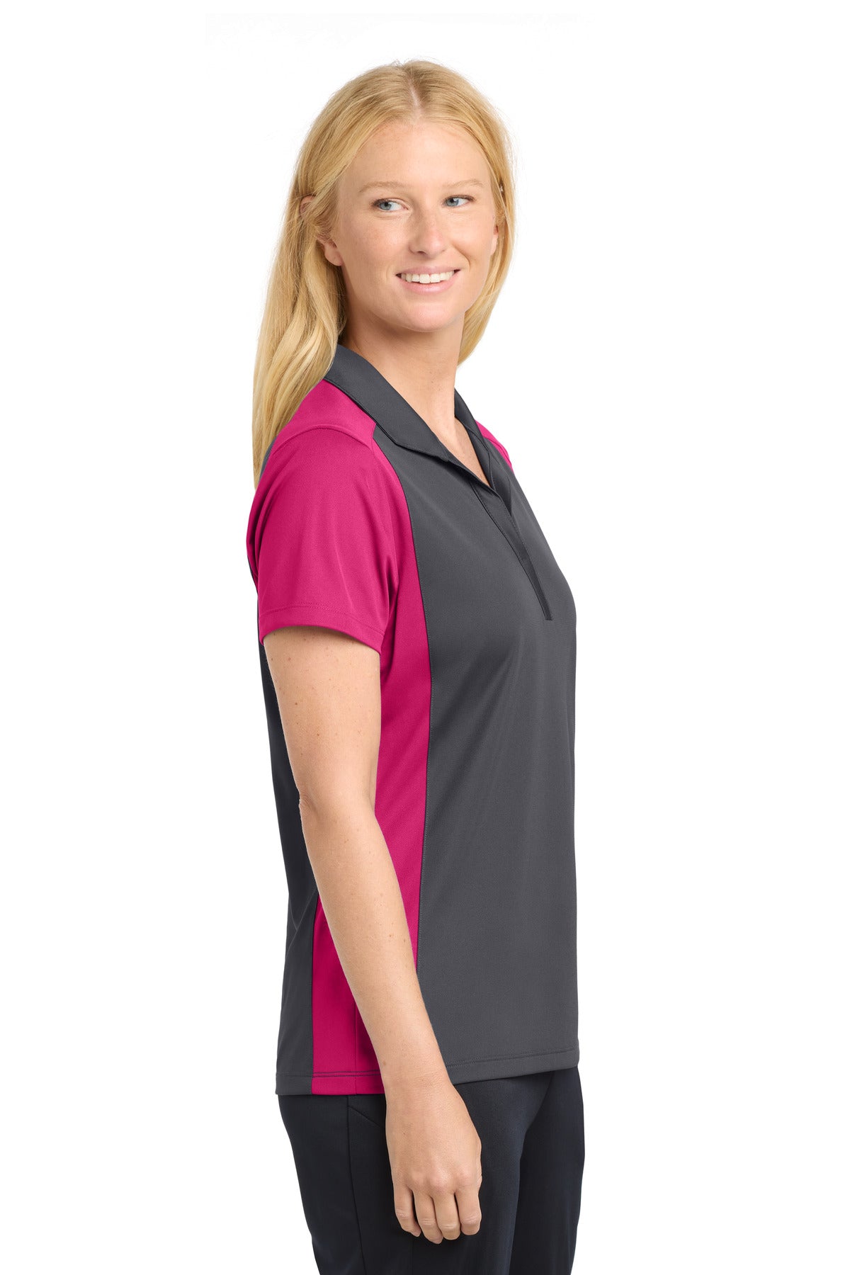 Sport-Tek Women's Colorblock Micropique Sport-Wick Polo. LST652 - Iron Grey/ Pink Raspberry - side