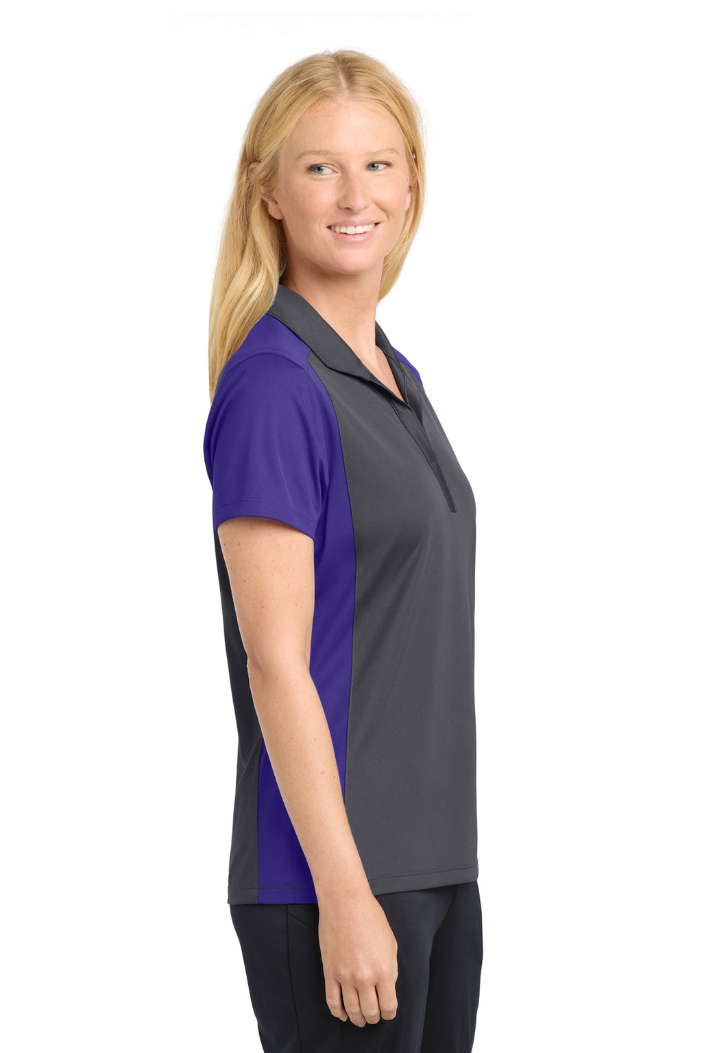Sport-Tek Women's Colorblock Micropique Sport-Wick Polo. LST652 - Iron Grey/ Purple - side
