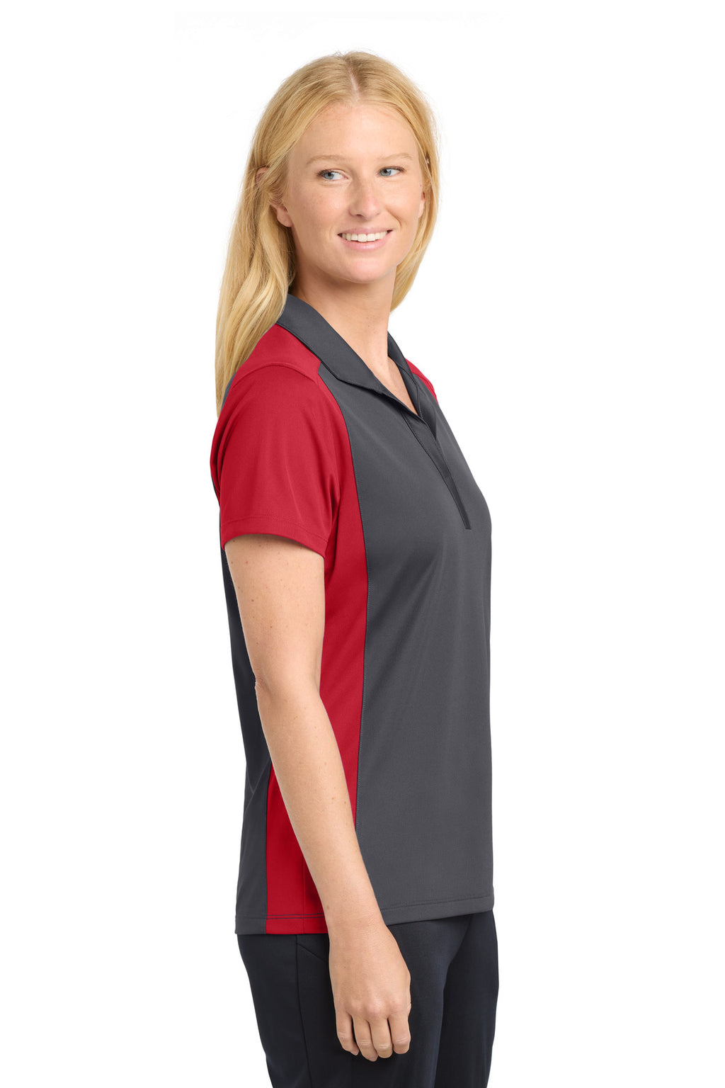 Sport-Tek Women's Colorblock Micropique Sport-Wick Polo. LST652 - Iron Grey/ True Red - side