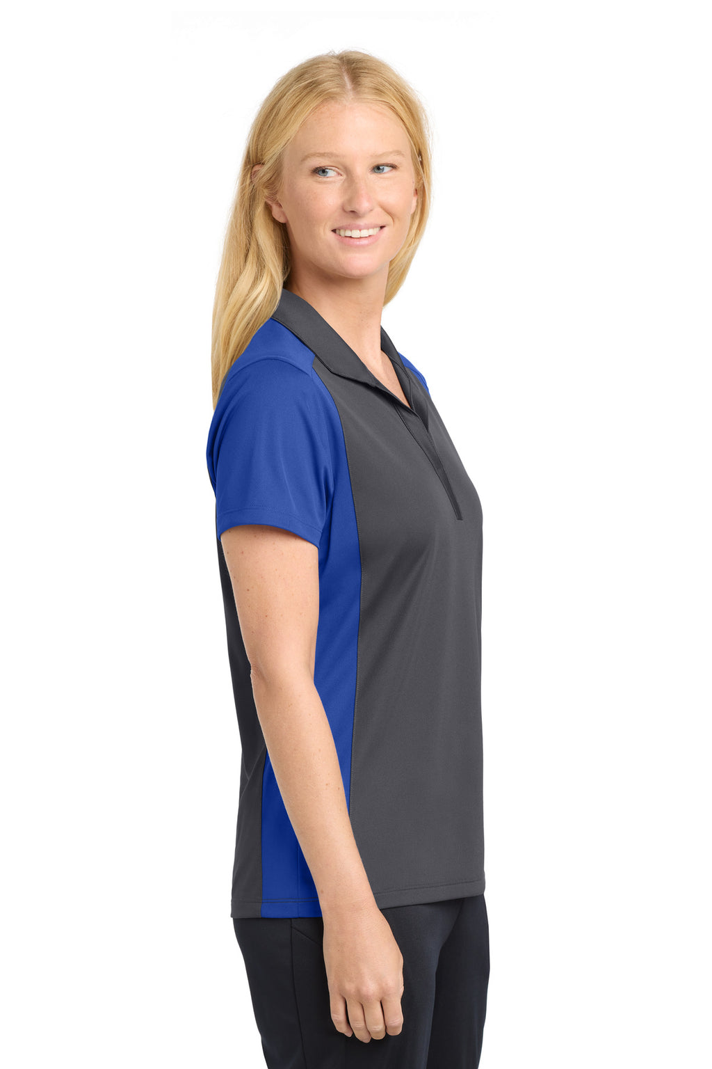 Sport-Tek Women's Colorblock Micropique Sport-Wick Polo. LST652 - Iron Grey/ True Royal - side