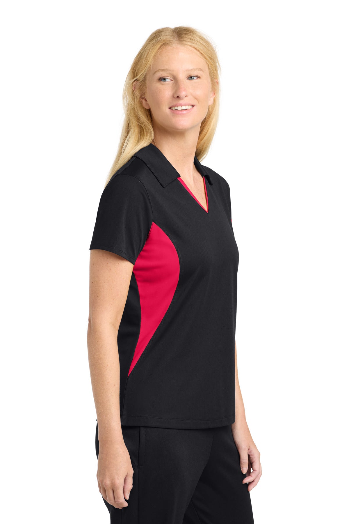 Sport-Tek Women's Side Blocked Micropique Sport-Wick Polo. LST655 - Black/ Deep Red - side
