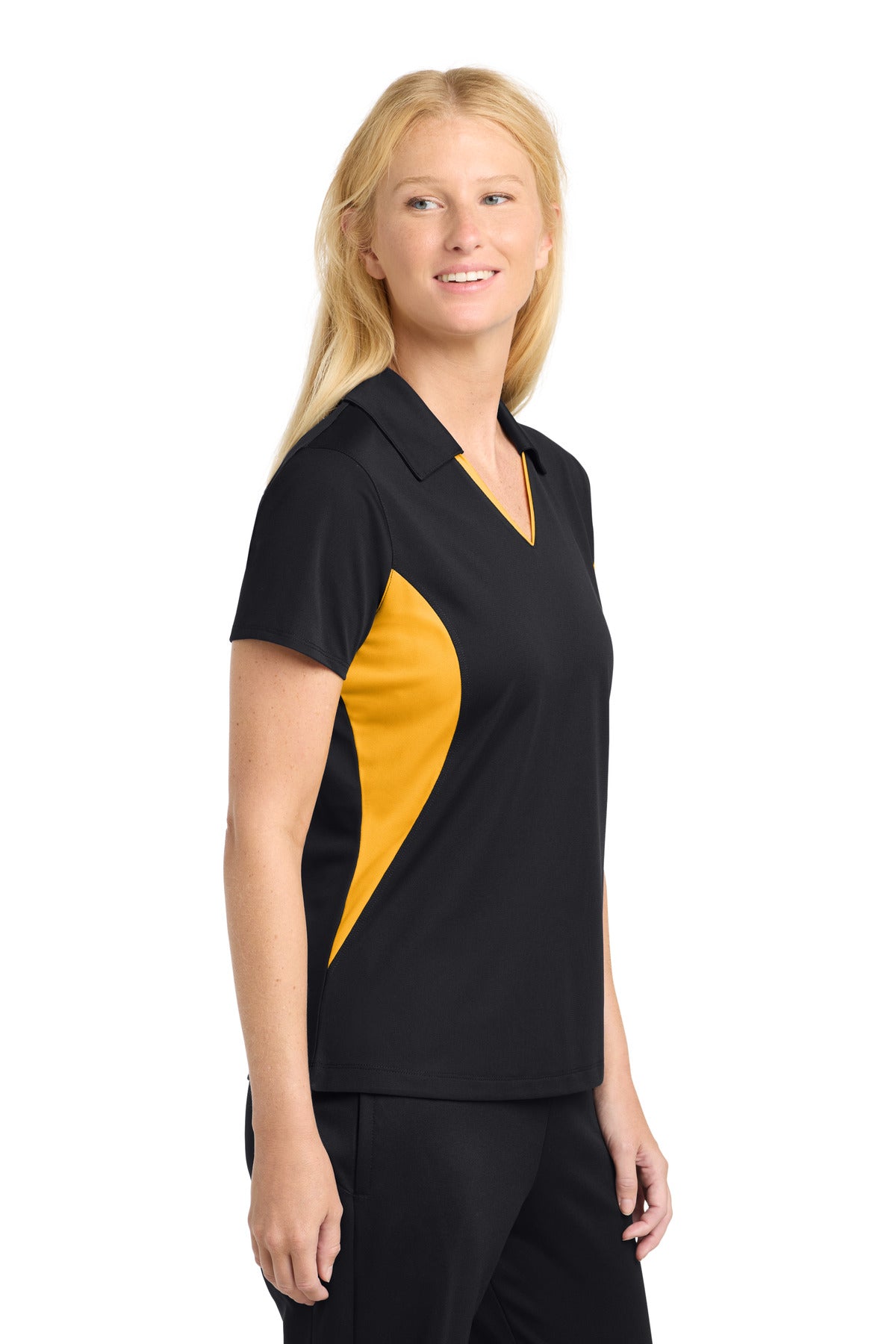 Sport-Tek Women's Side Blocked Micropique Sport-Wick Polo. LST655 - Black/ Gold - side