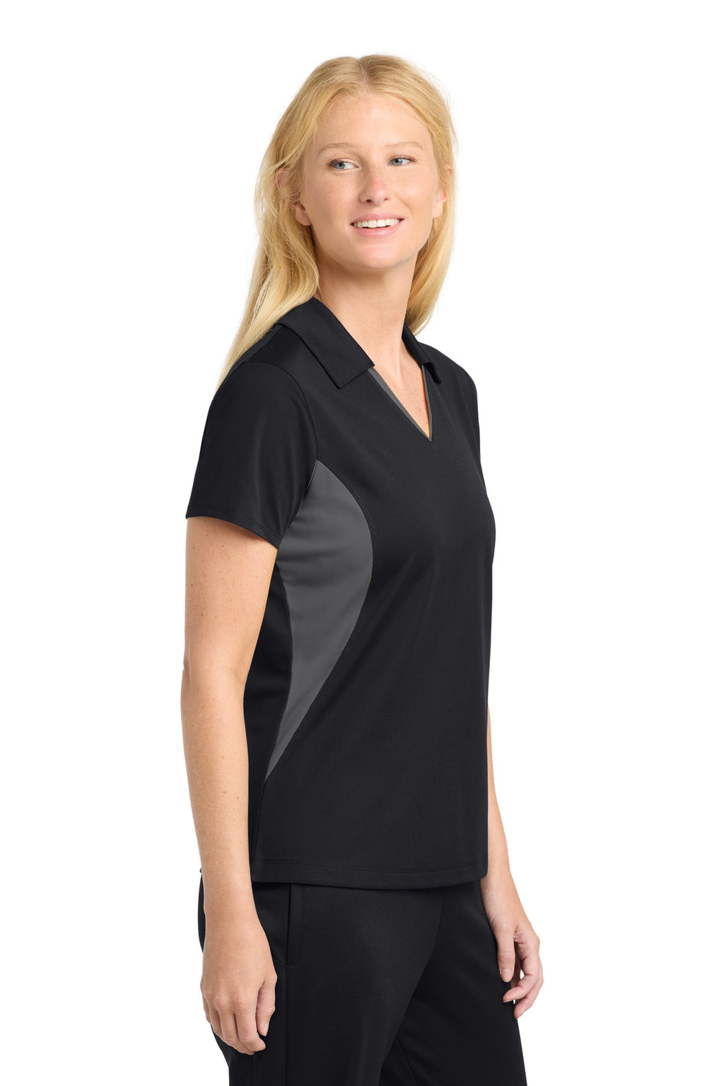 Sport-Tek Women's Side Blocked Micropique Sport-Wick Polo. LST655 - Black/ Iron Grey - side