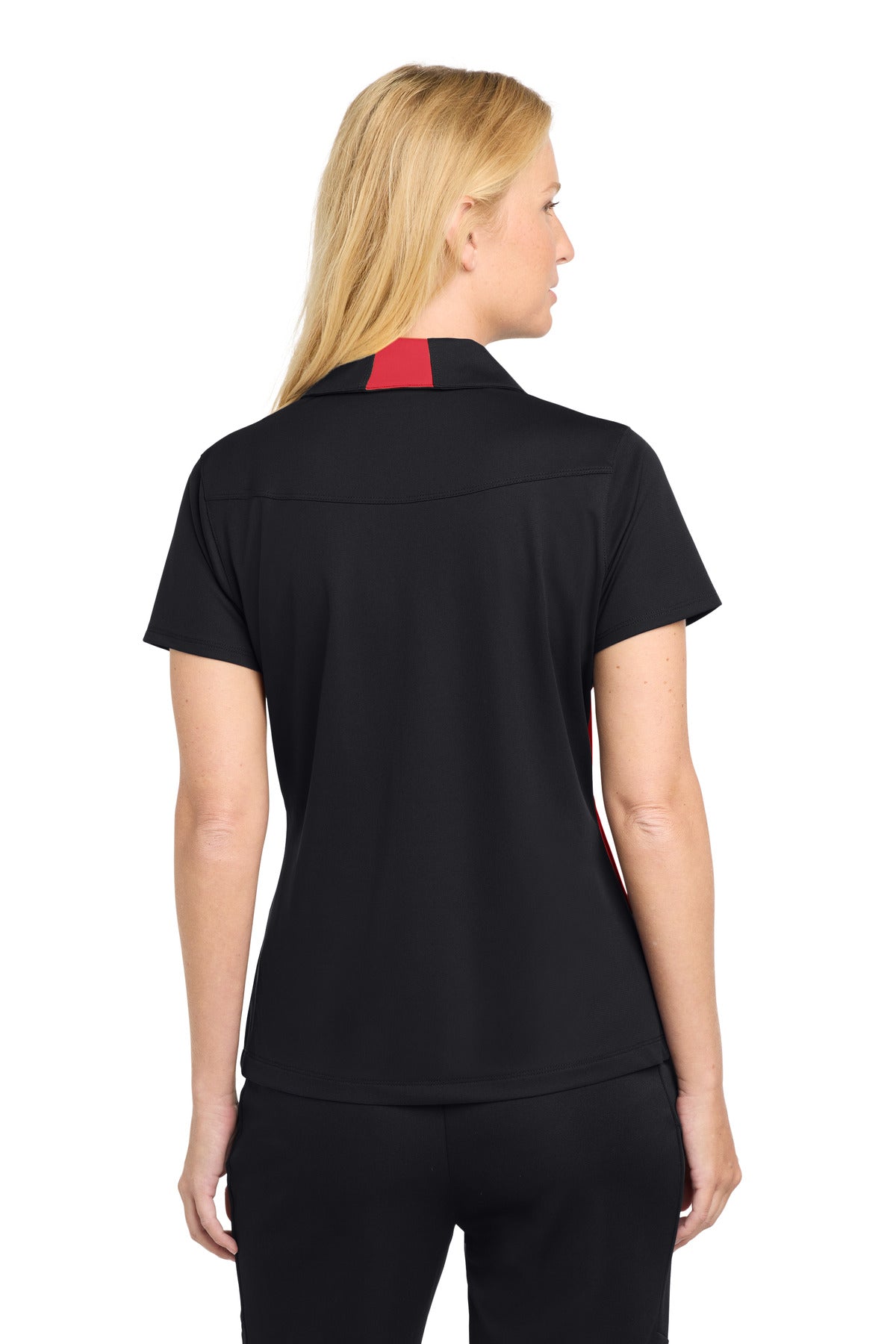 Sport-Tek Women's Side Blocked Micropique Sport-Wick Polo. LST655 - Black/ True Red - back