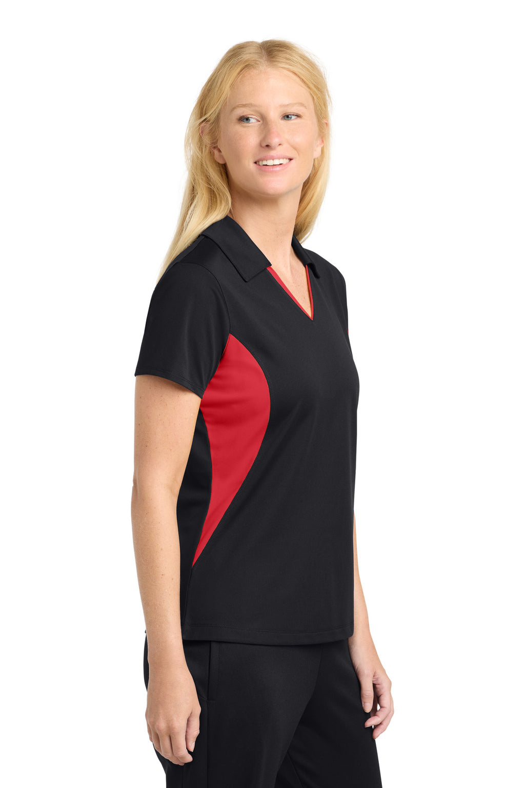 Sport-Tek Women's Side Blocked Micropique Sport-Wick Polo. LST655 - Black/ True Red - side